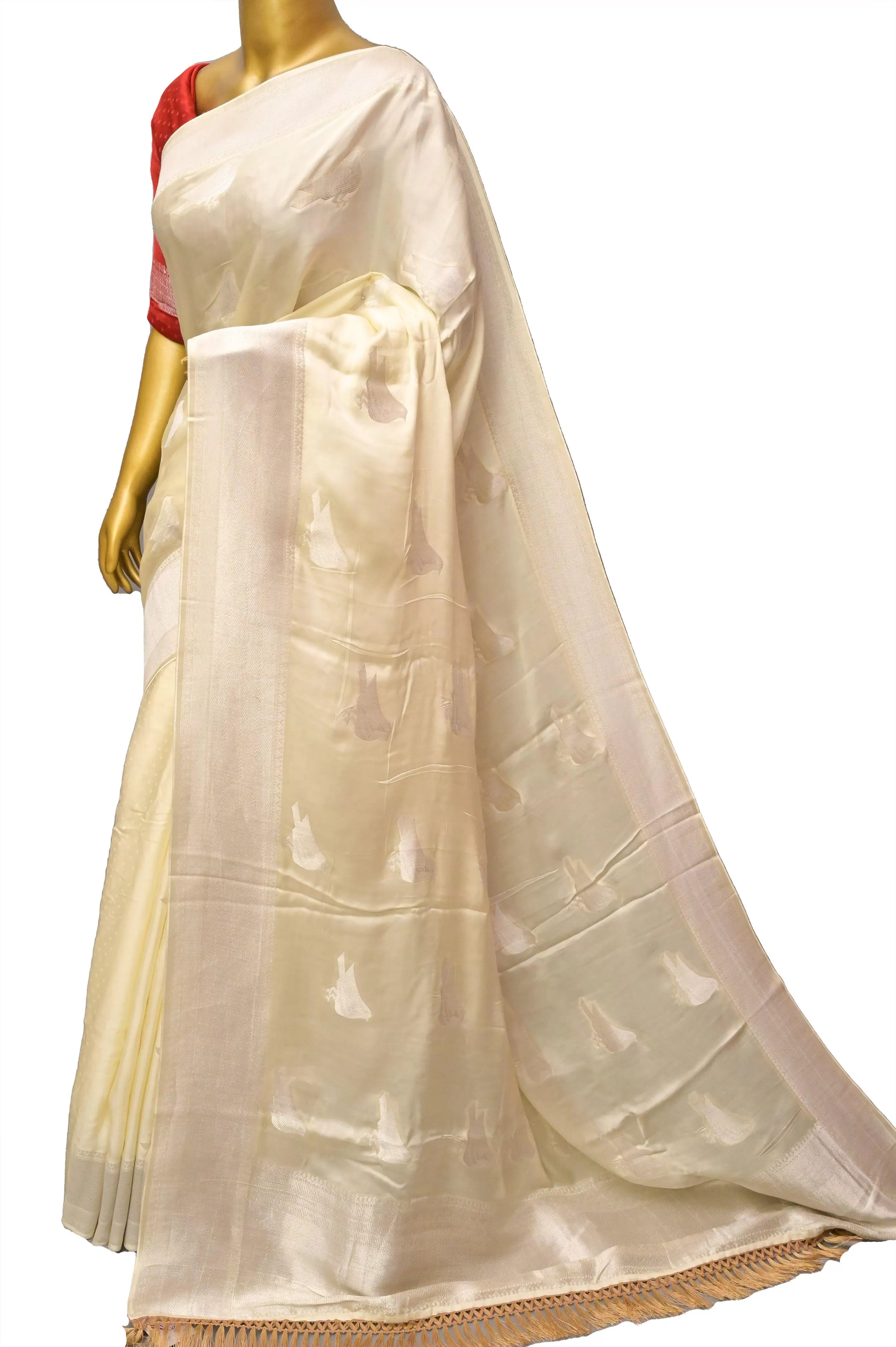 Offwhite Color Satin Banarasi Silk with Silver Zari Bird Motif Work