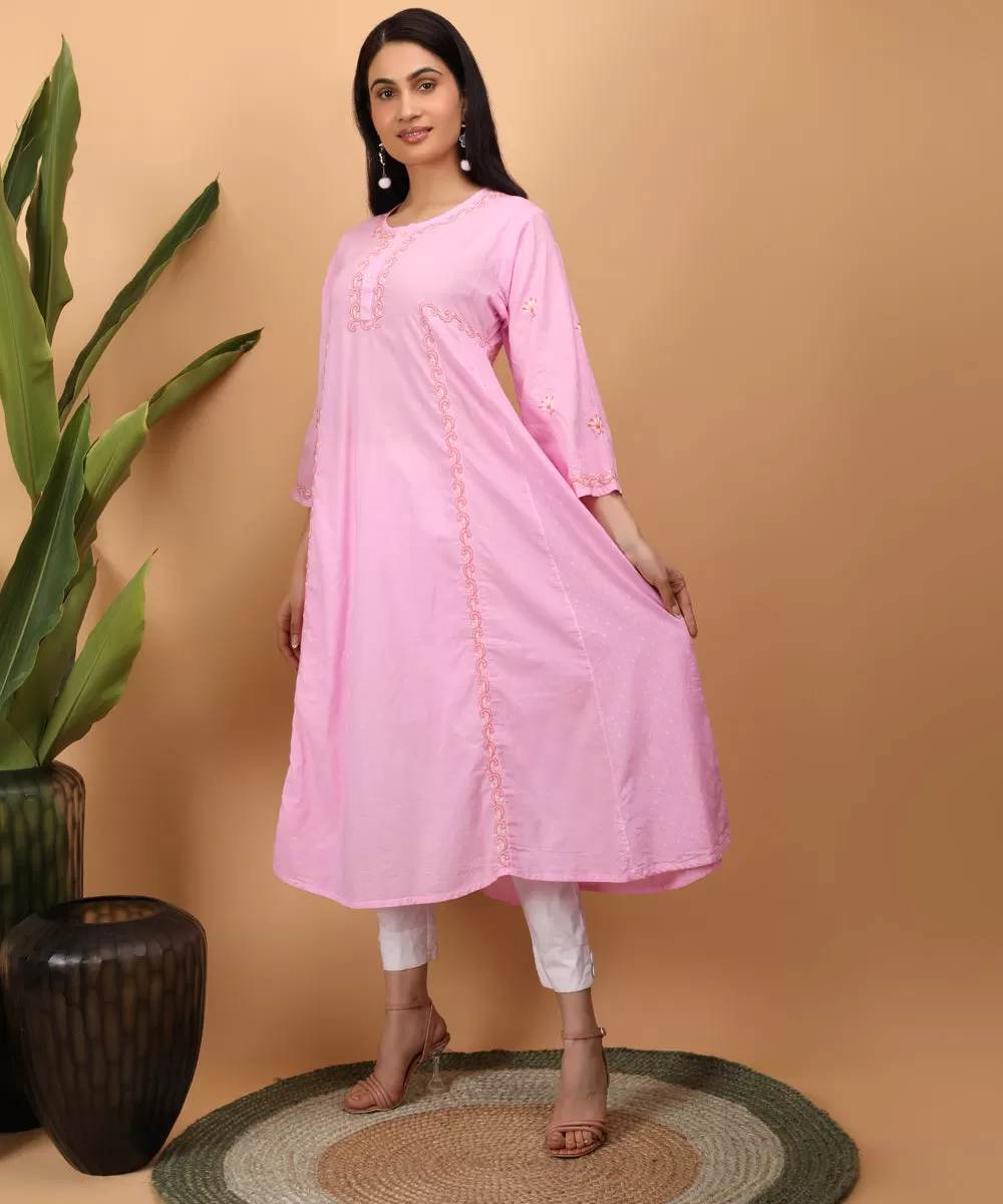 Pink hand embroidery cotton chikankari A line kurti