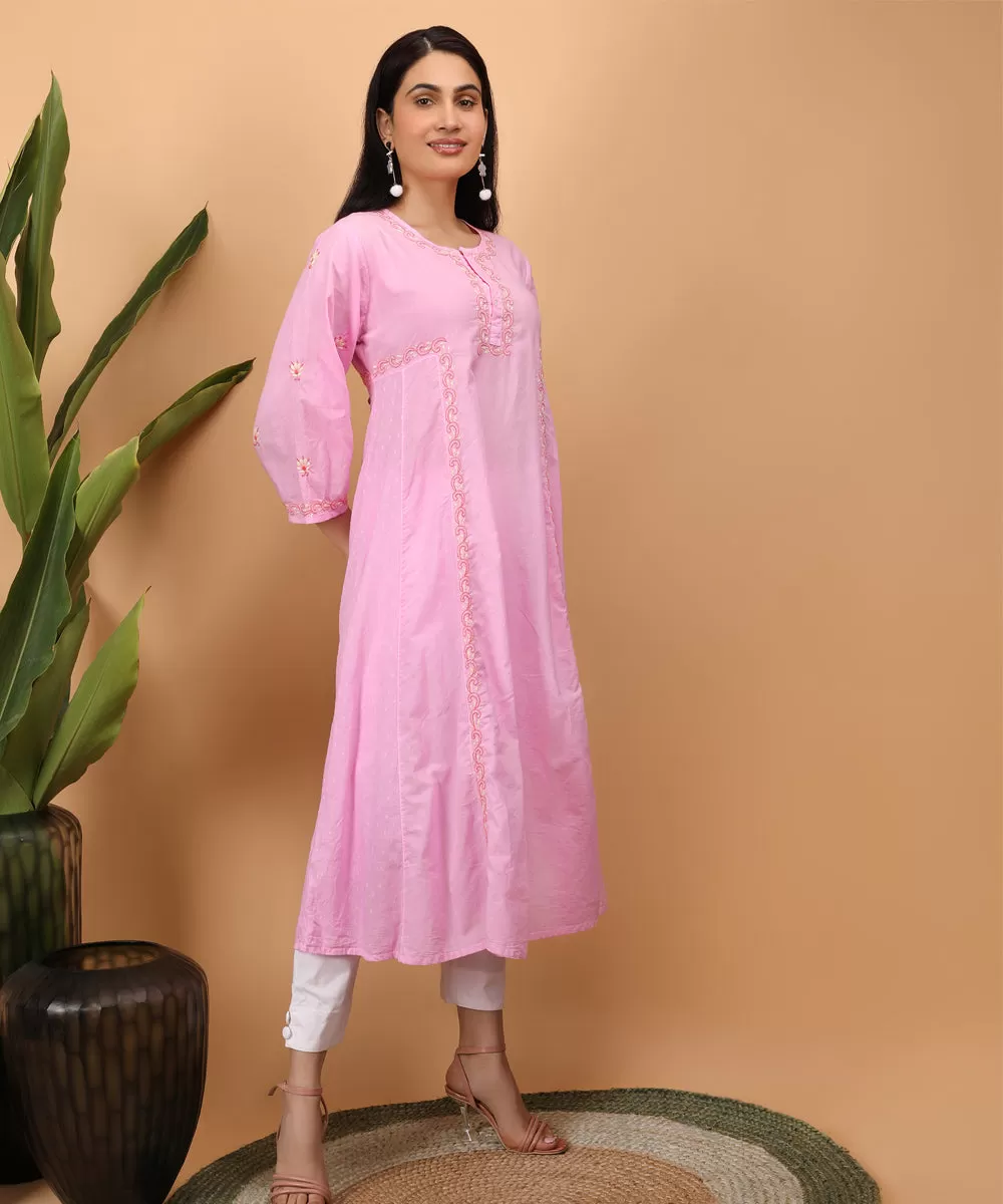 Pink hand embroidery cotton chikankari A line kurti