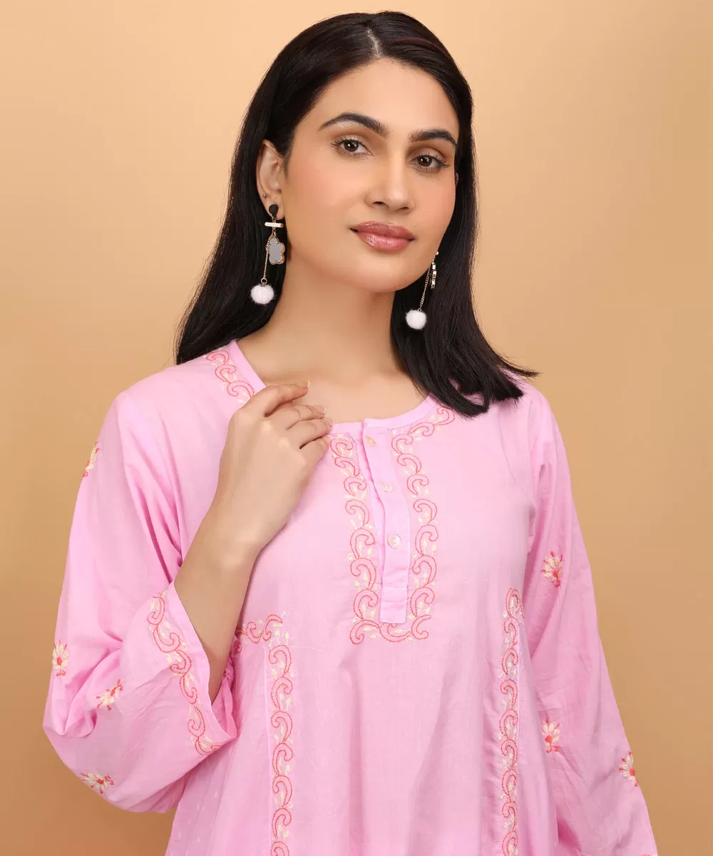 Pink hand embroidery cotton chikankari A line kurti