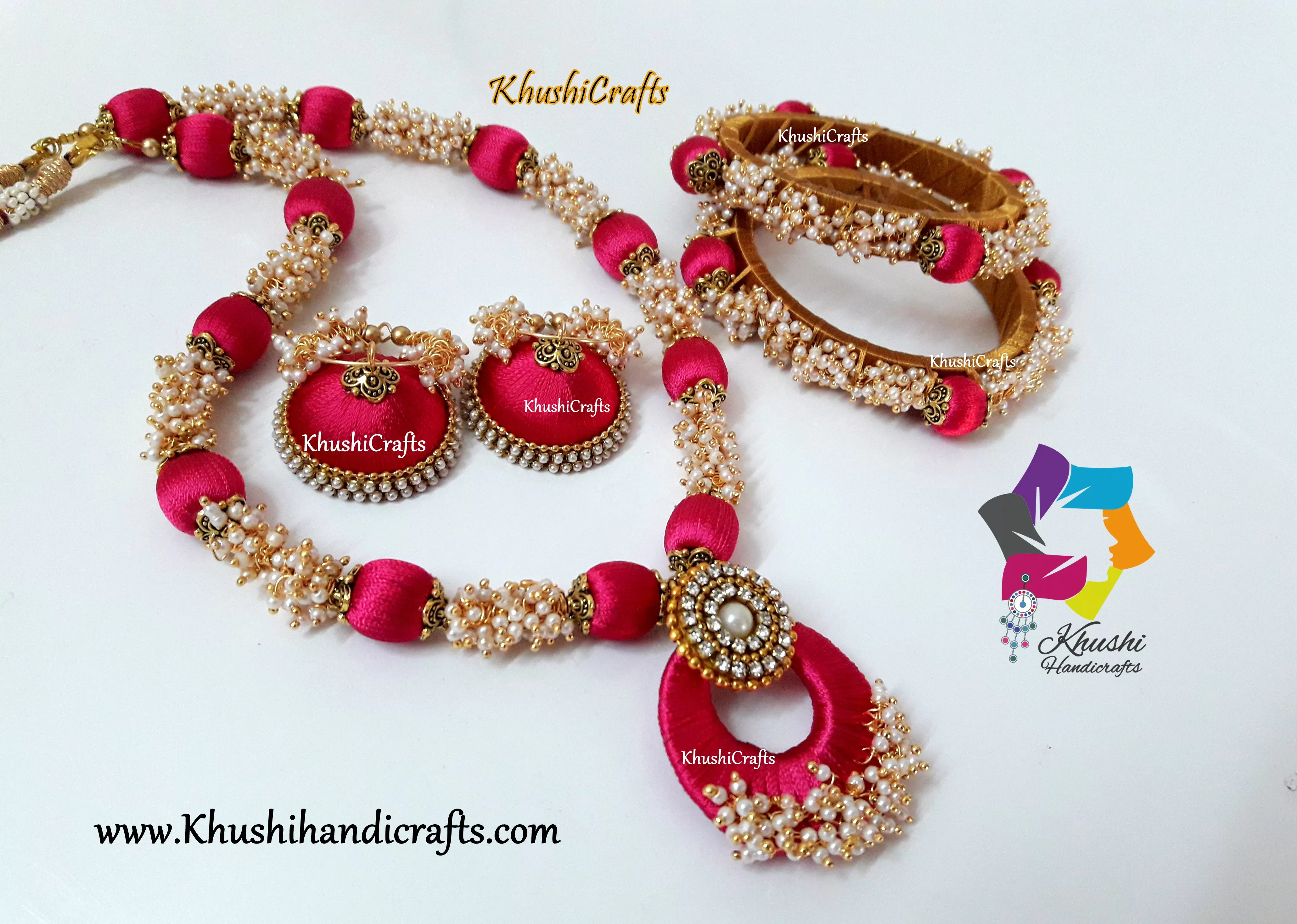 Pink Silk Thread Jewellery set with Loreals ,matching Jhumkas and Silk thread bangles!