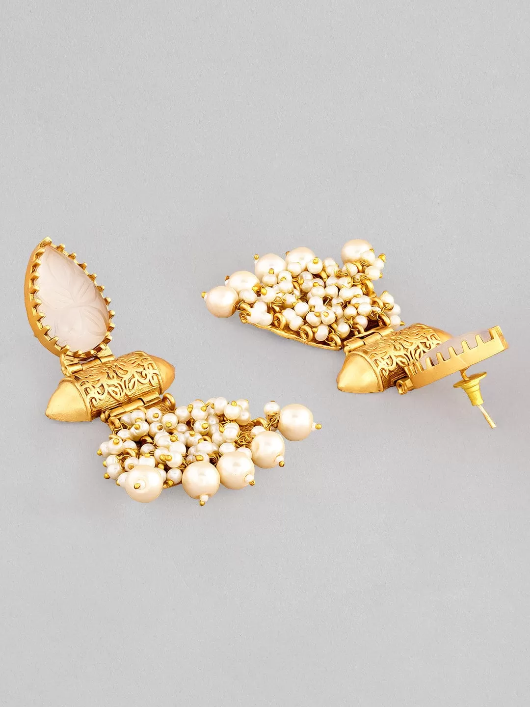 Rubans 22K Gold Plated Drop Earrings With Studded White Stone And Pearls