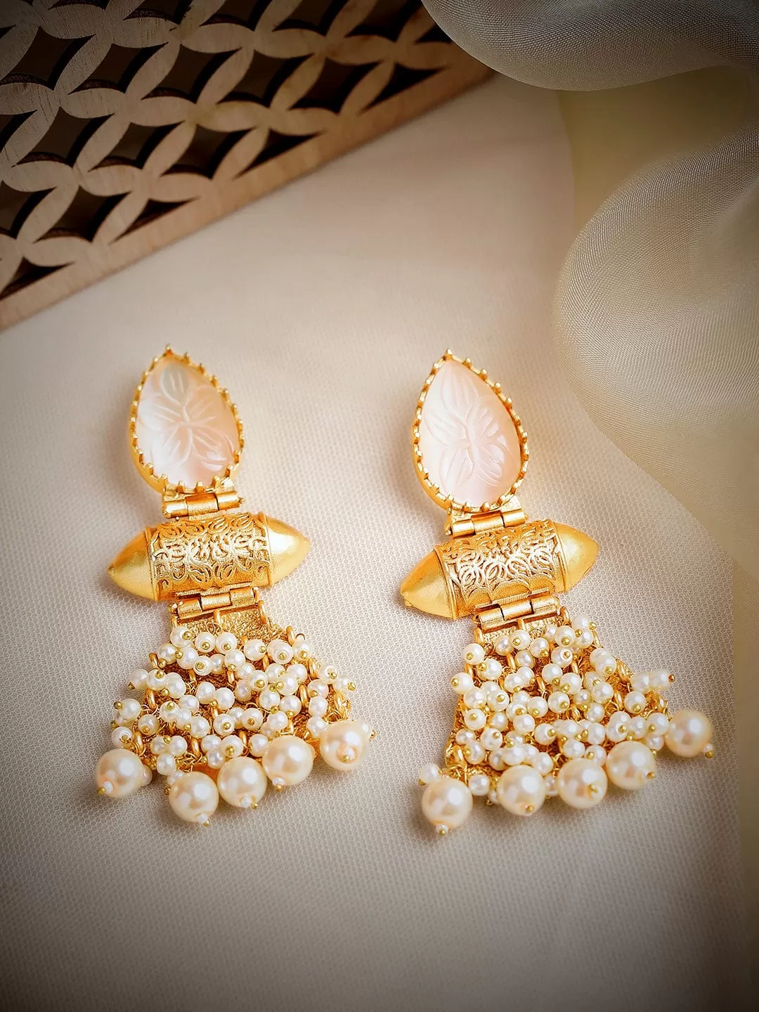 Rubans 22K Gold Plated Drop Earrings With Studded White Stone And Pearls