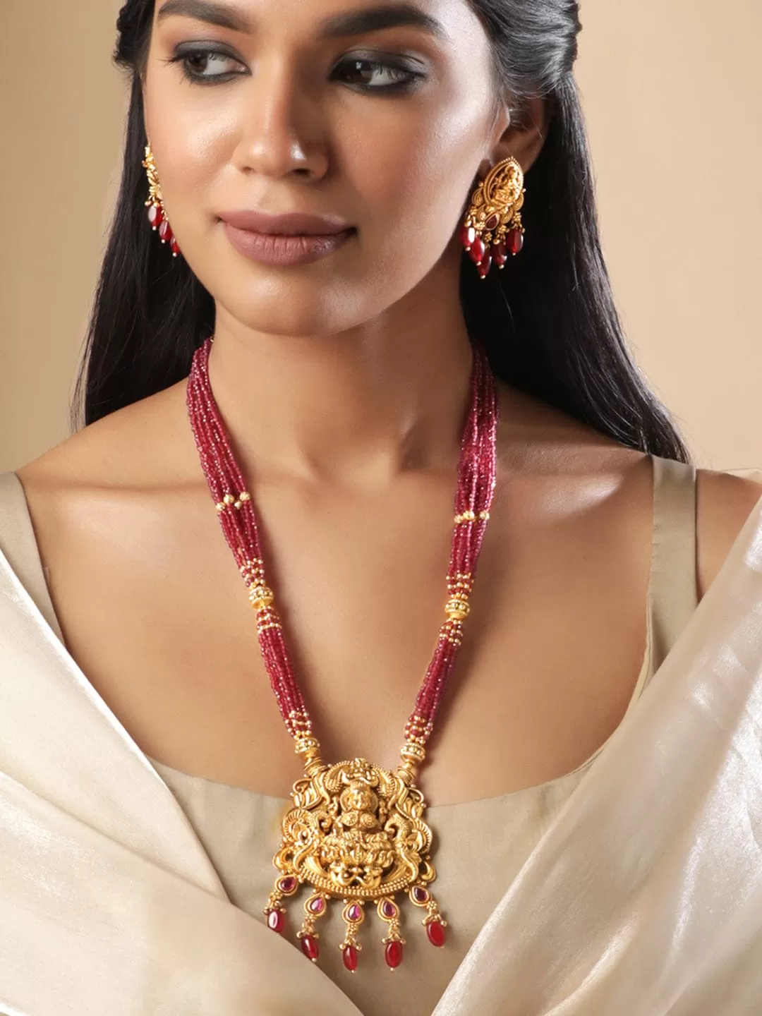 Rubans 22K Gold plated Striking Ruby Red Beaded handcrafted Temple Necklace Set