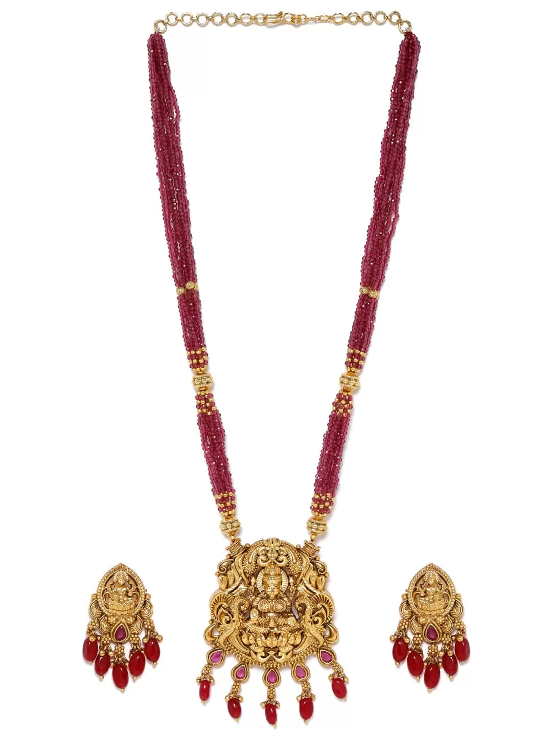 Rubans 22K Gold plated Striking Ruby Red Beaded handcrafted Temple Necklace Set