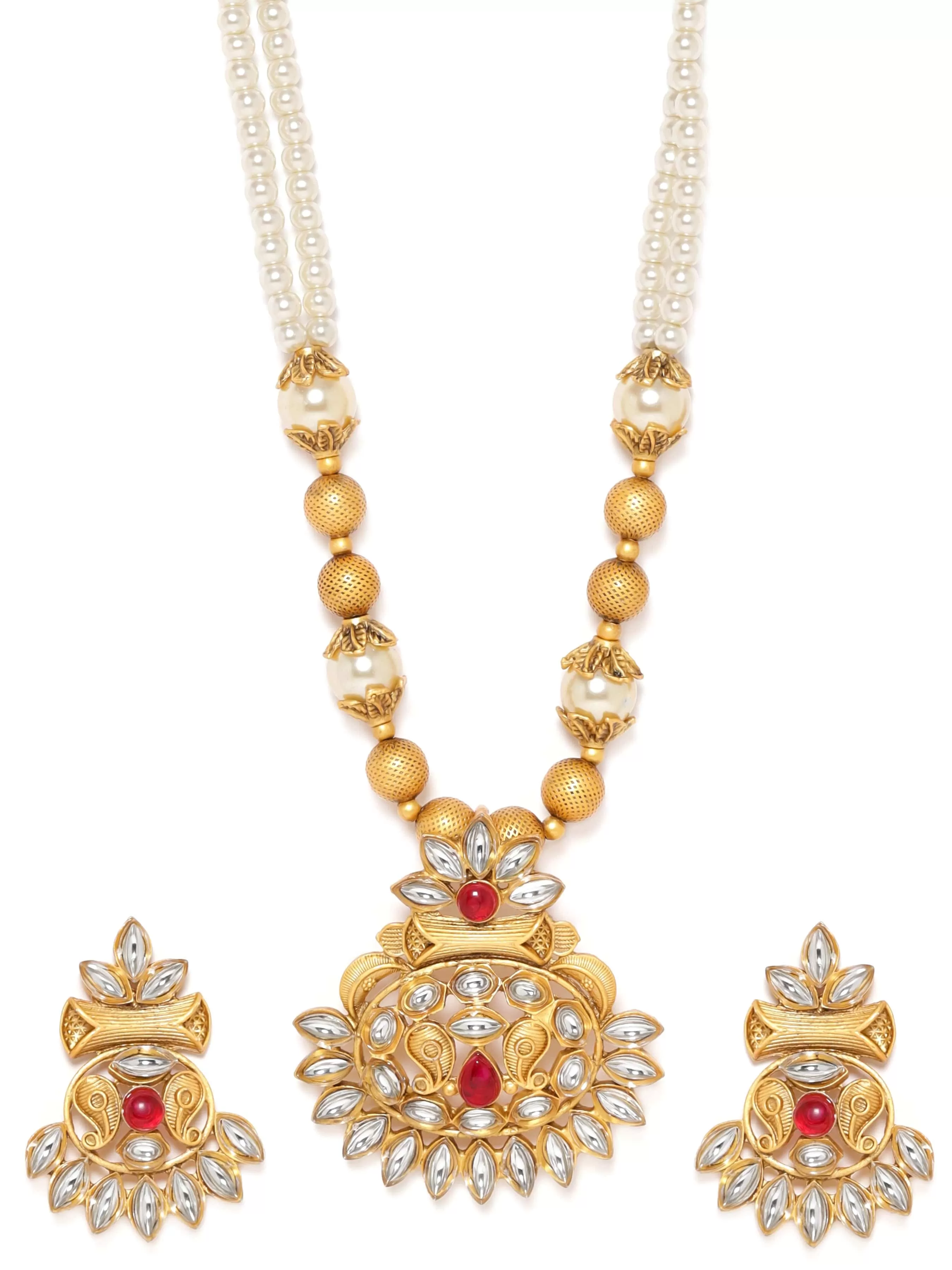 Rubans Gold-Colored Pendant Necklace Set with White Beads and Small Stones