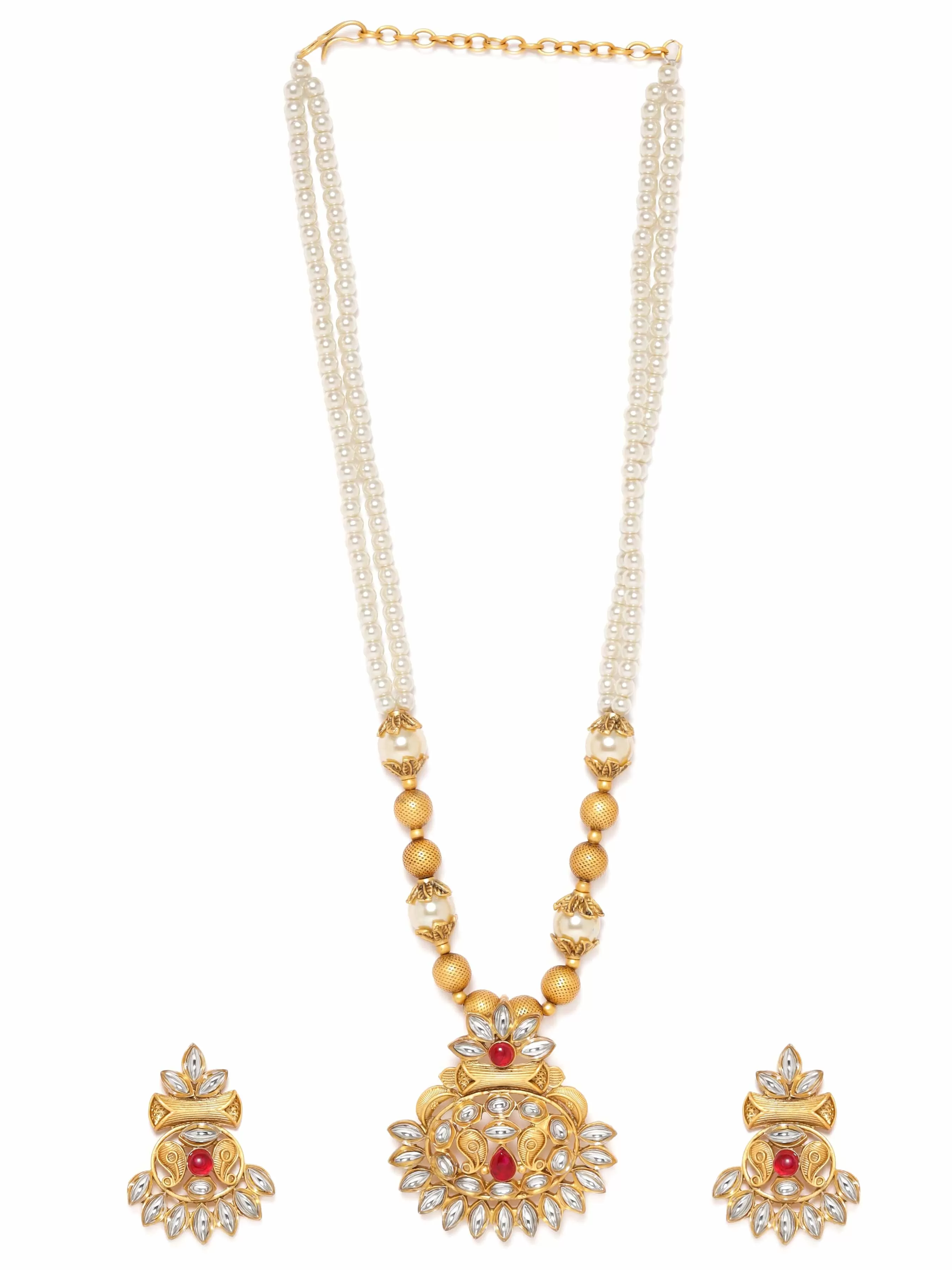 Rubans Gold-Colored Pendant Necklace Set with White Beads and Small Stones