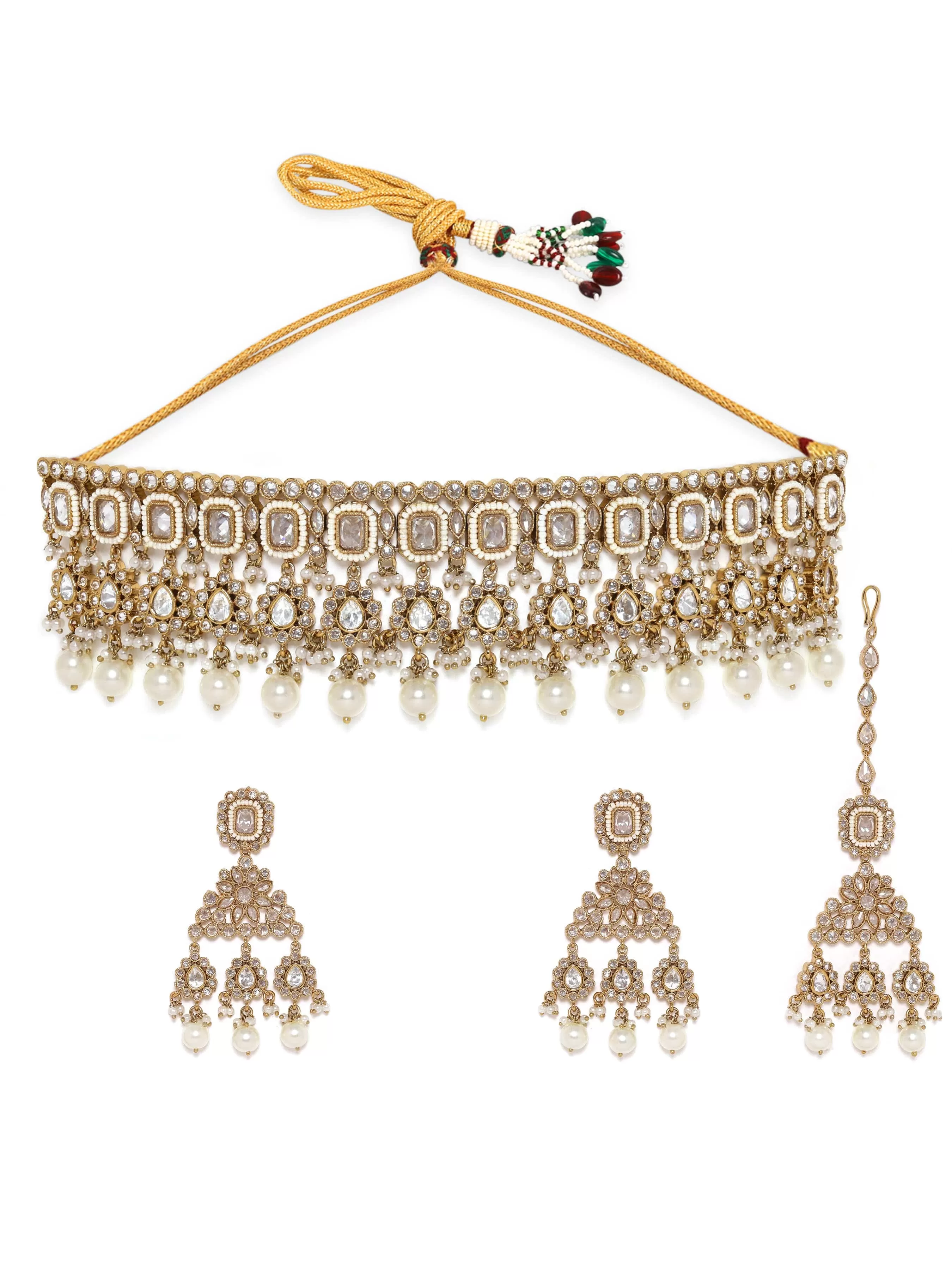 Rubans Gold Plated Necklace and Earrings with Maang Tika