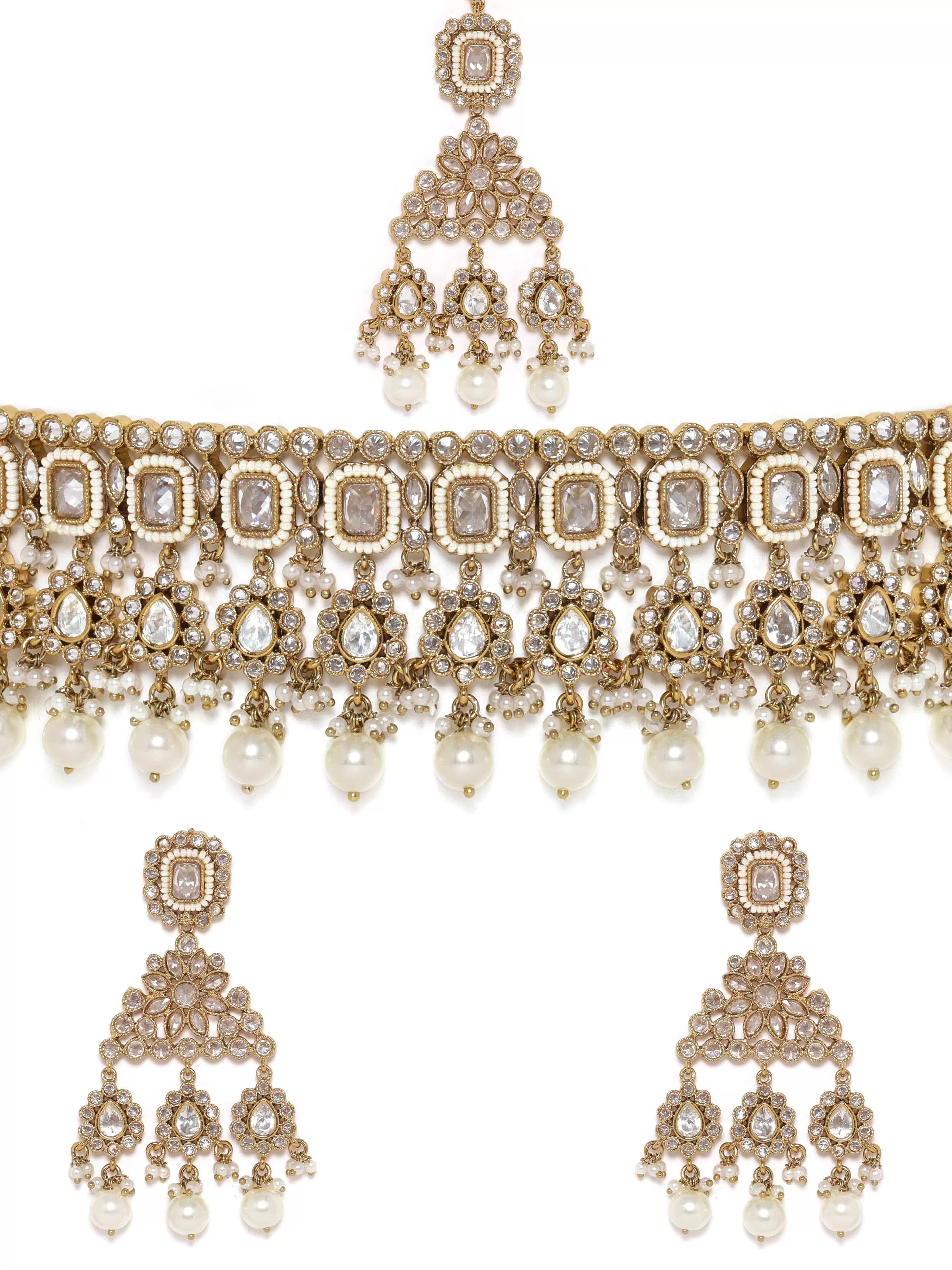 Rubans Gold Plated Necklace and Earrings with Maang Tika