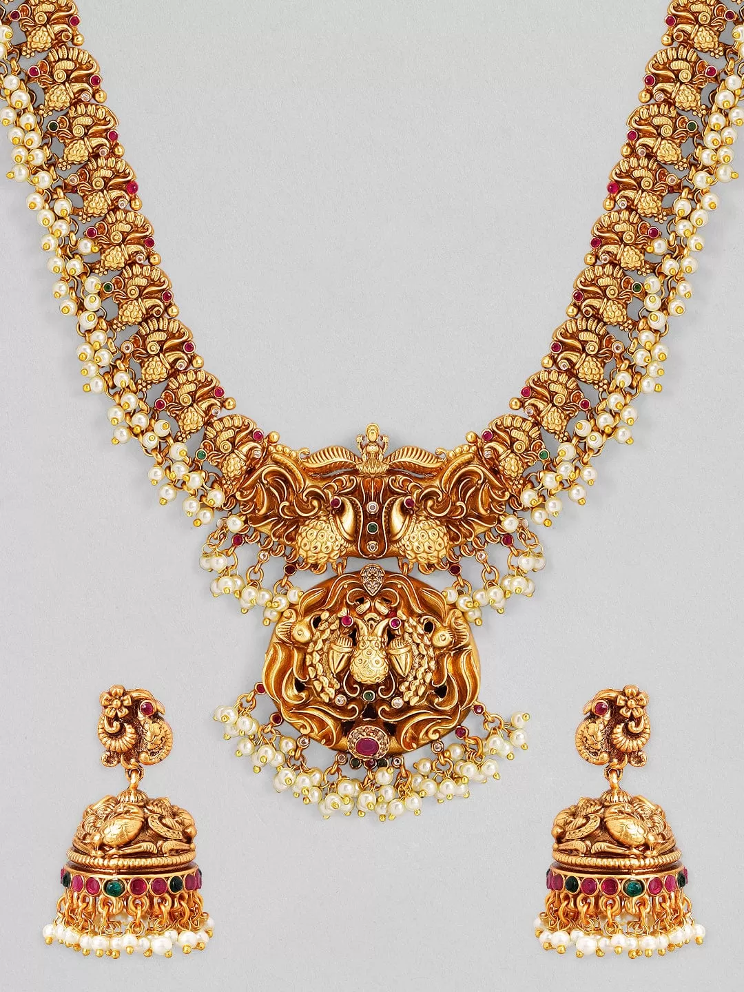 Rubans Gold Plated Pearl Hangings Necklace Set.