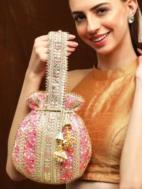 Rubans Pink And Golden Embroidered Potli Bag