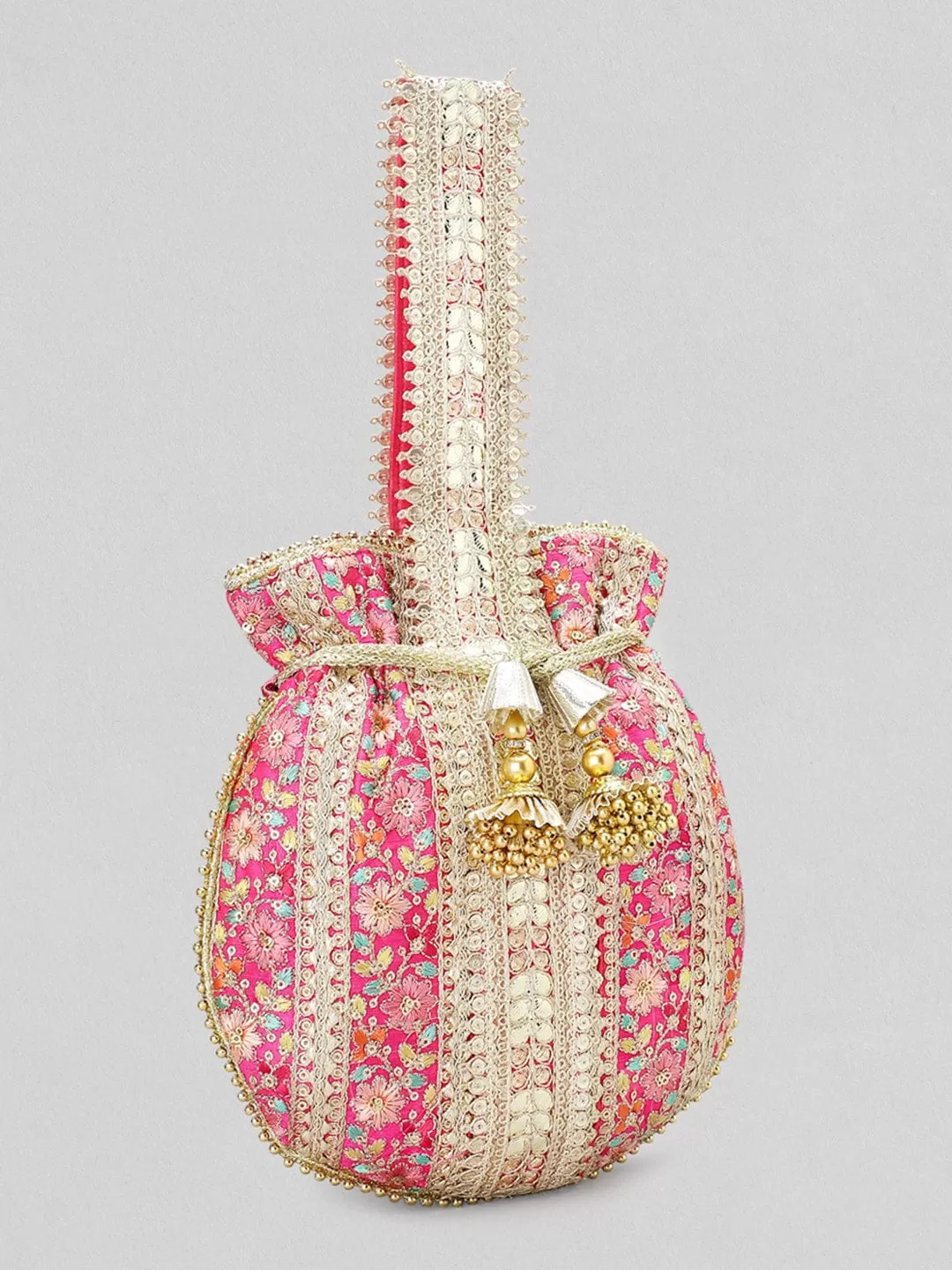 Rubans Pink And Golden Embroidered Potli Bag