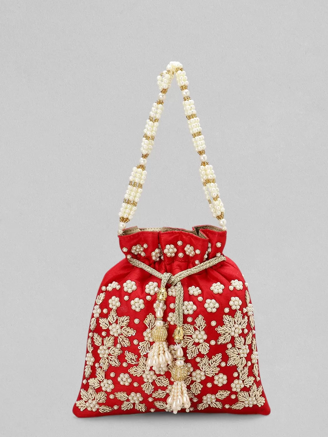 Rubans Red Zariwork Pearl Potli Bag