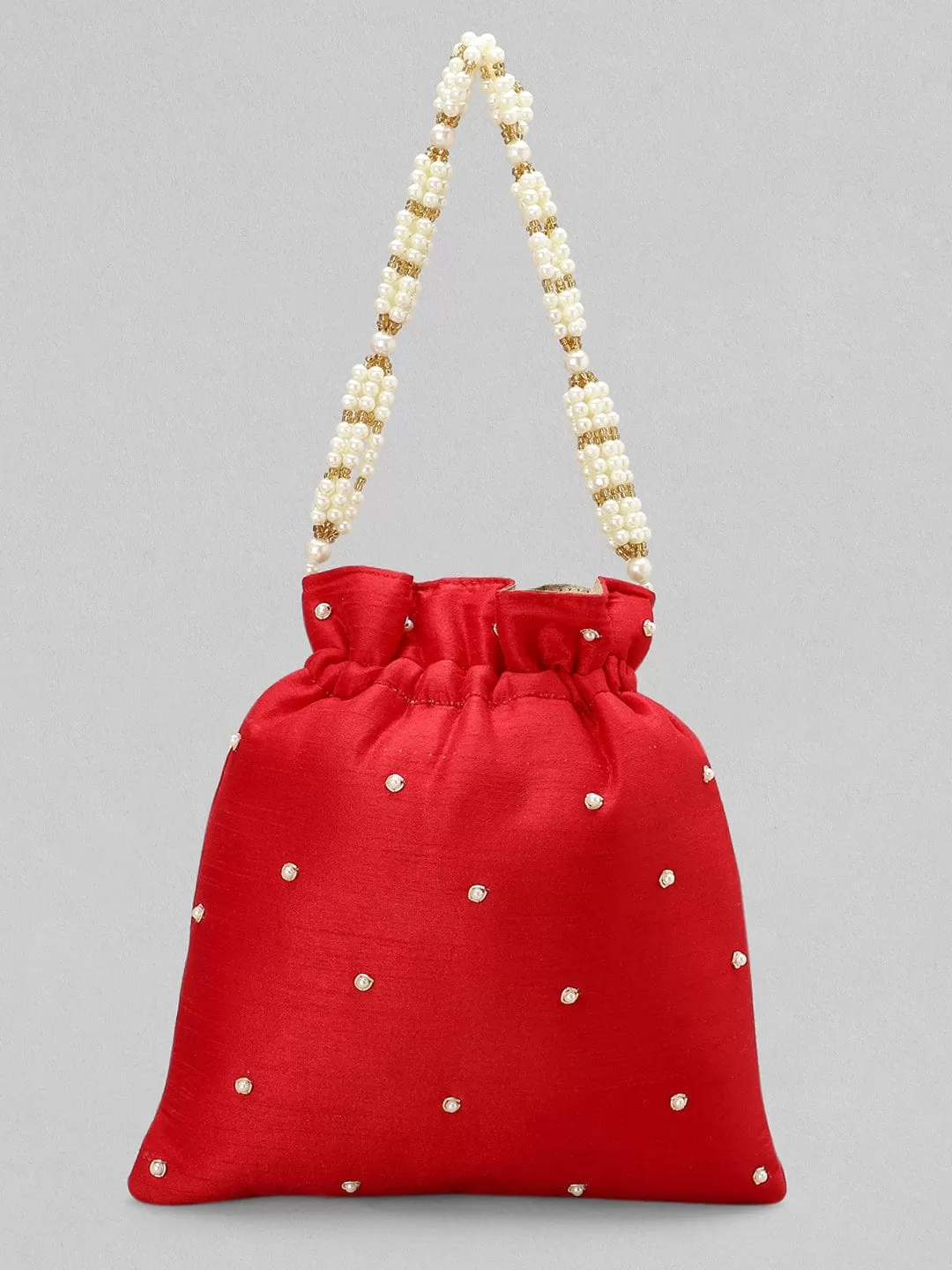 Rubans Red Zariwork Pearl Potli Bag