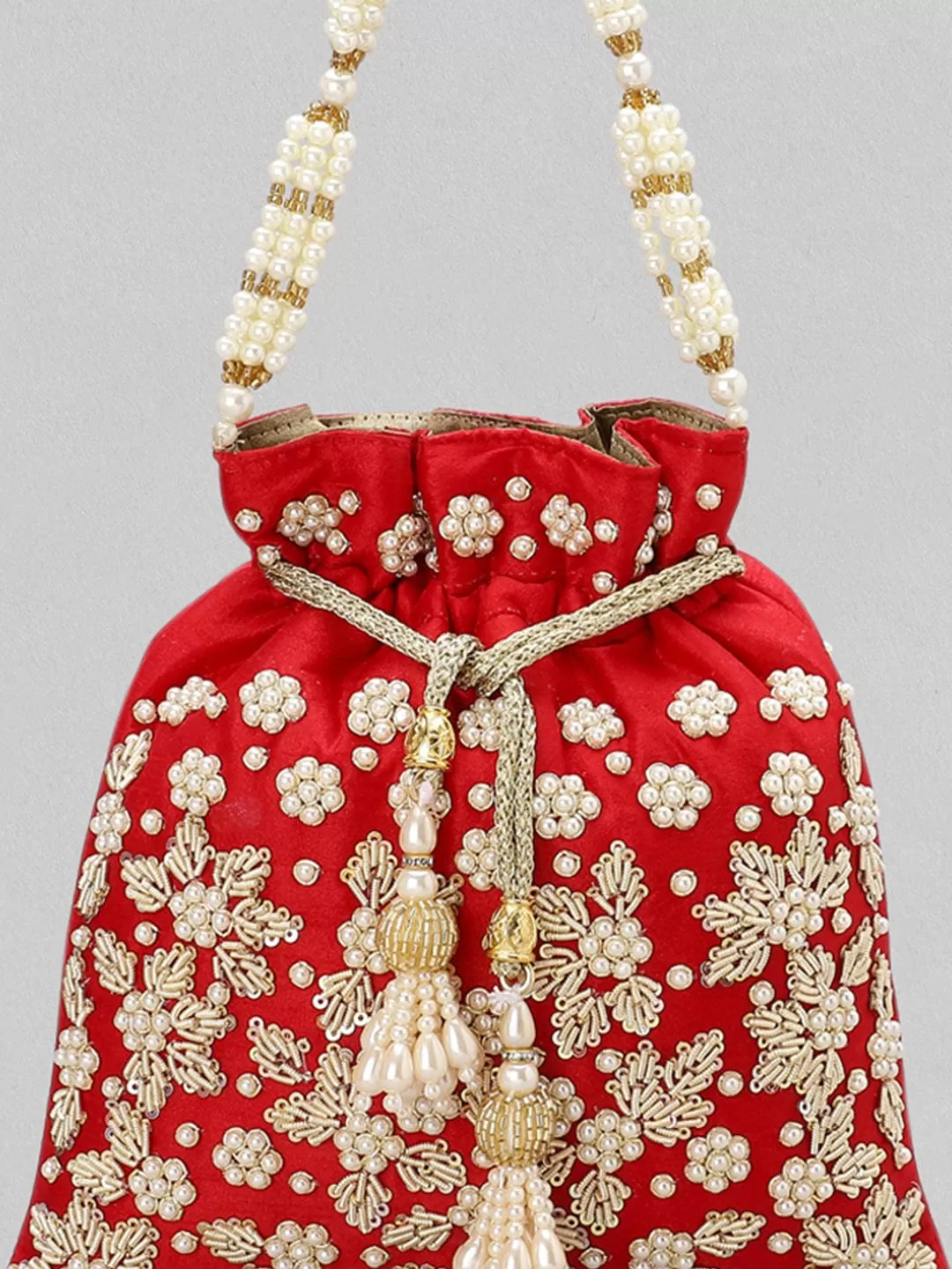 Rubans Red Zariwork Pearl Potli Bag