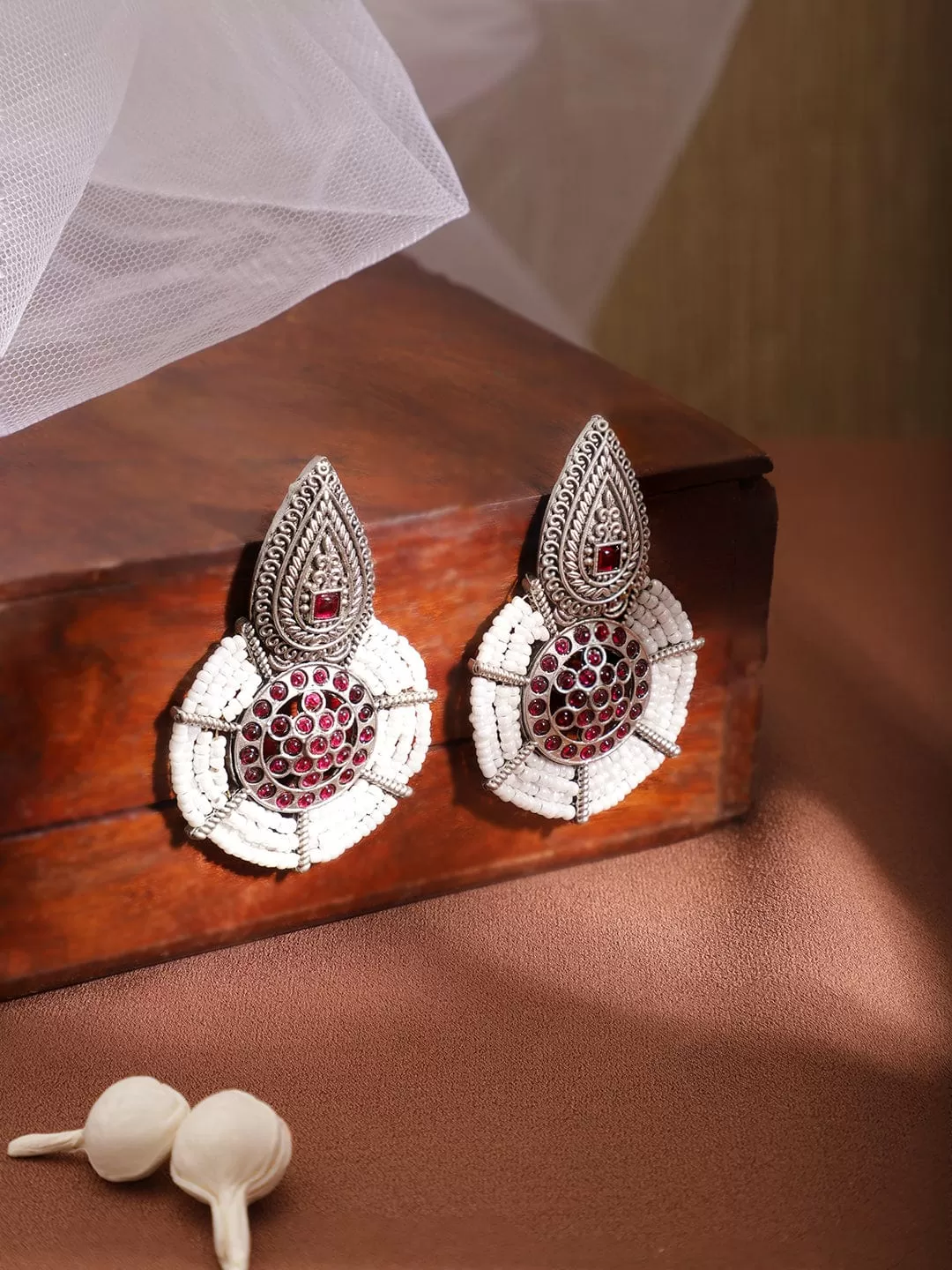 Rubans Women's Silver Toned Red Stone Studded White Beaded Drop Earrings