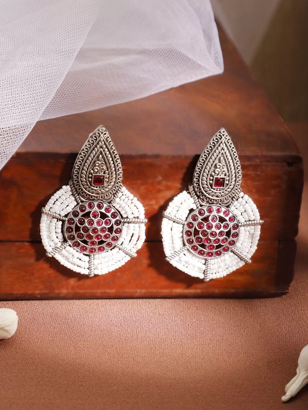 Rubans Women's Silver Toned Red Stone Studded White Beaded Drop Earrings