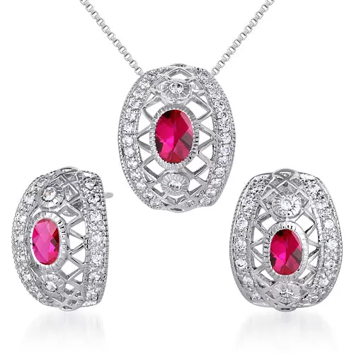 Ruby Pendant Earrings Necklace Sterling Silver