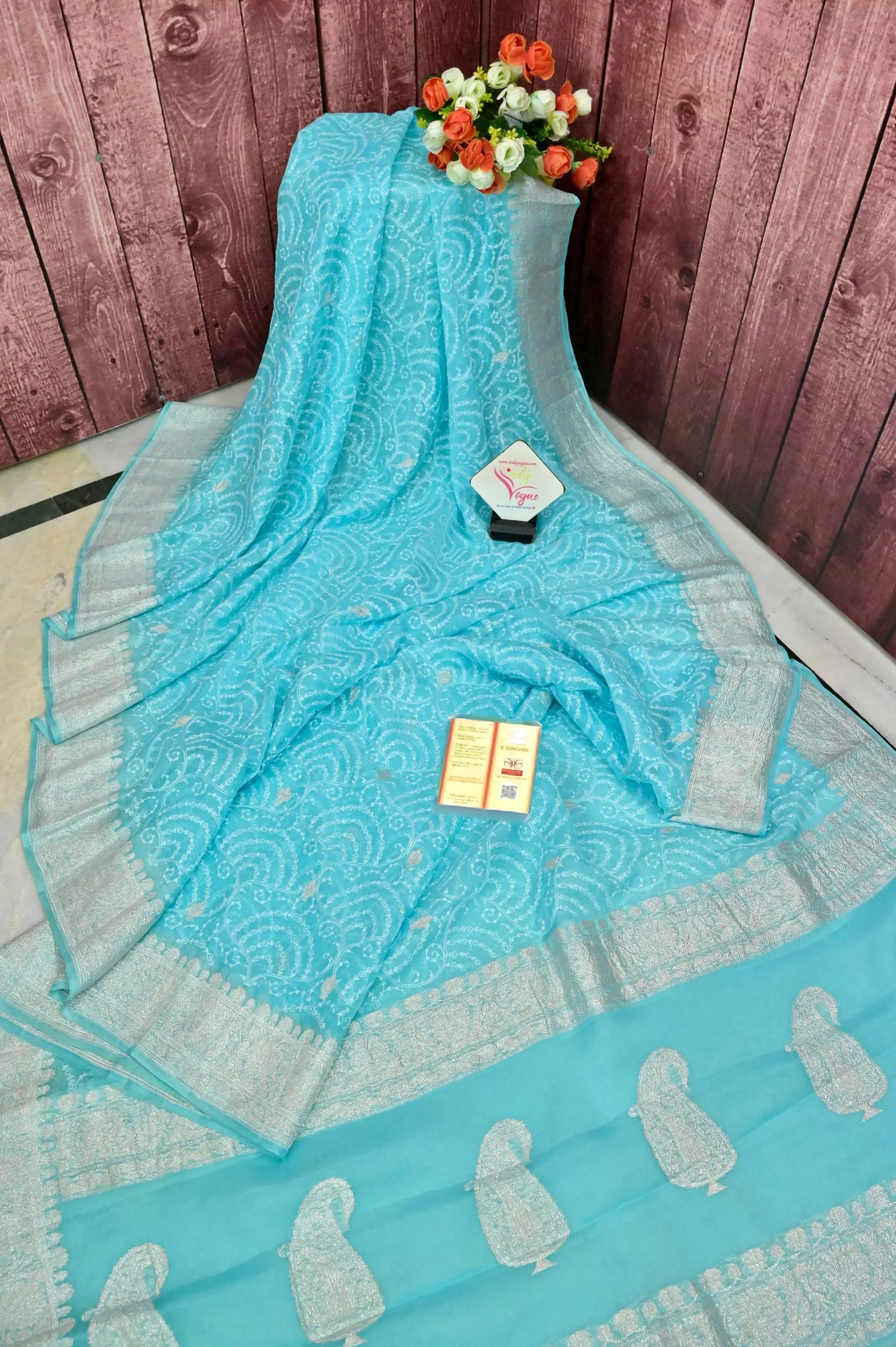 Sky Blue Color Georgette Saree with Allover Chikankari and Silver Zari Work