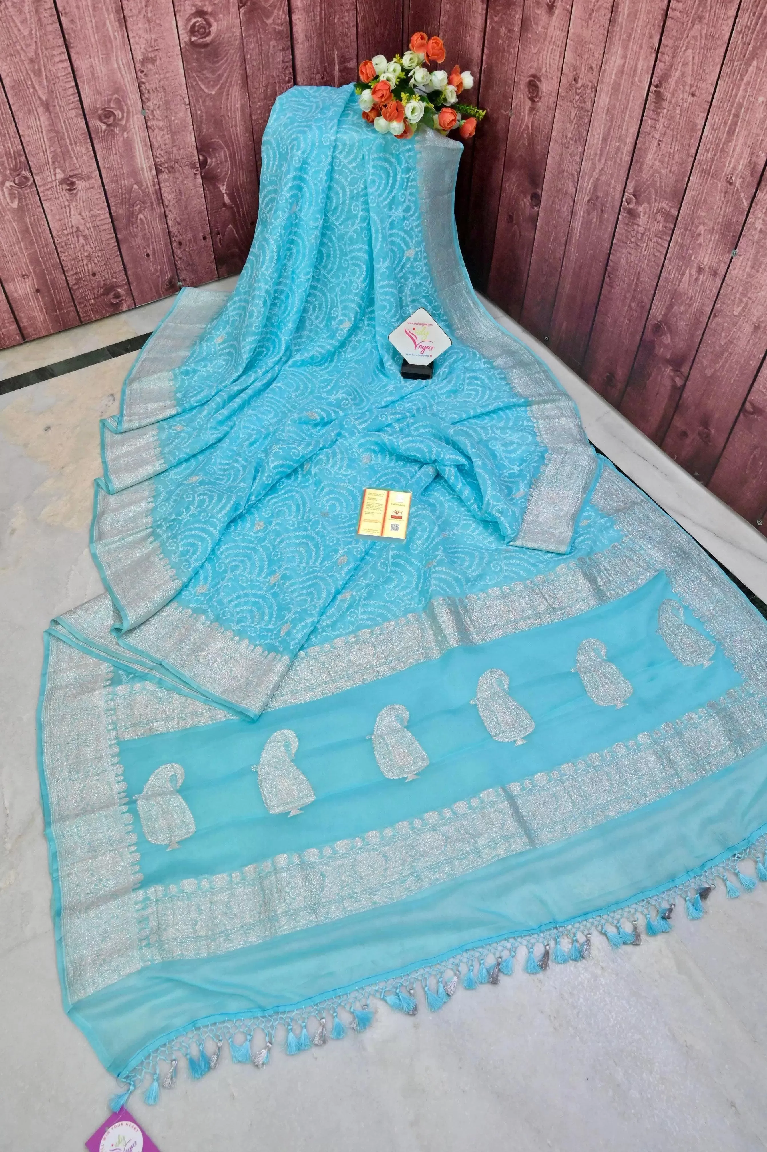 Sky Blue Color Georgette Saree with Allover Chikankari and Silver Zari Work