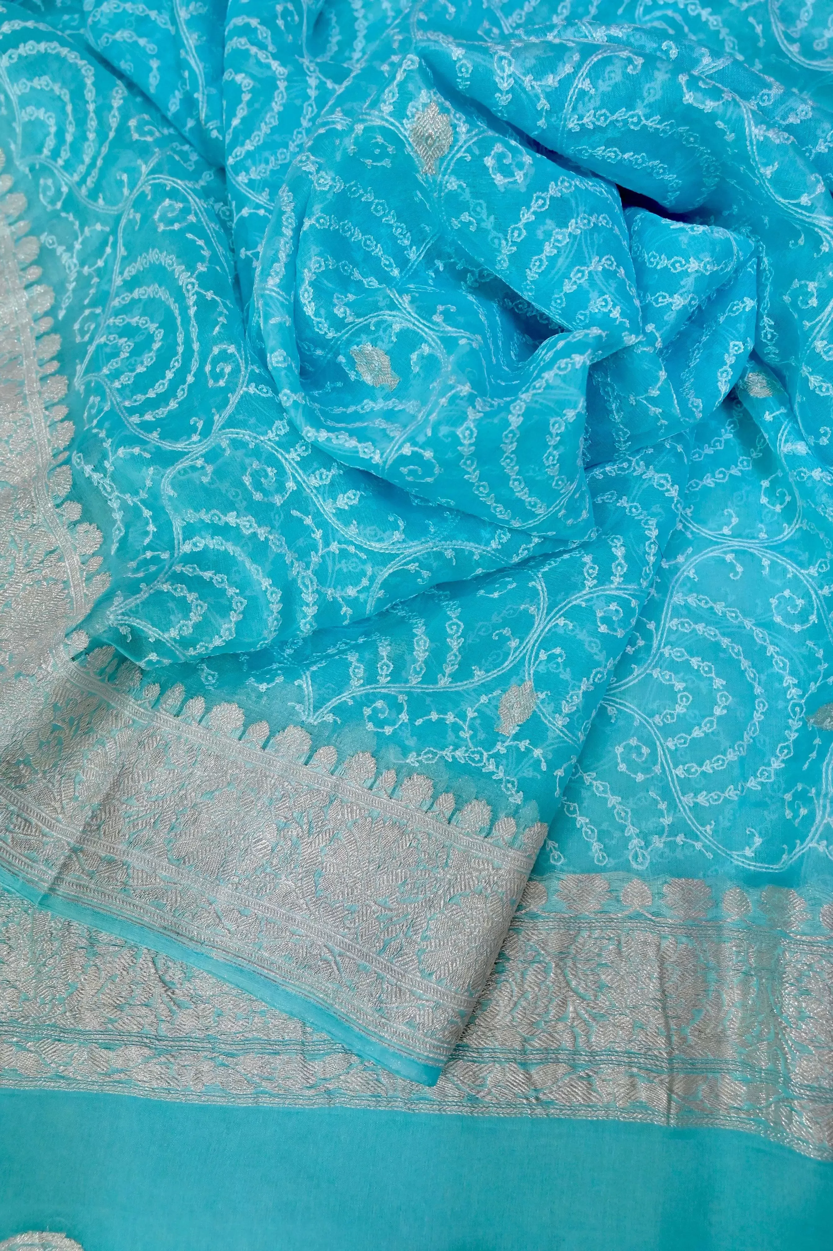 Sky Blue Color Georgette Saree with Allover Chikankari and Silver Zari Work