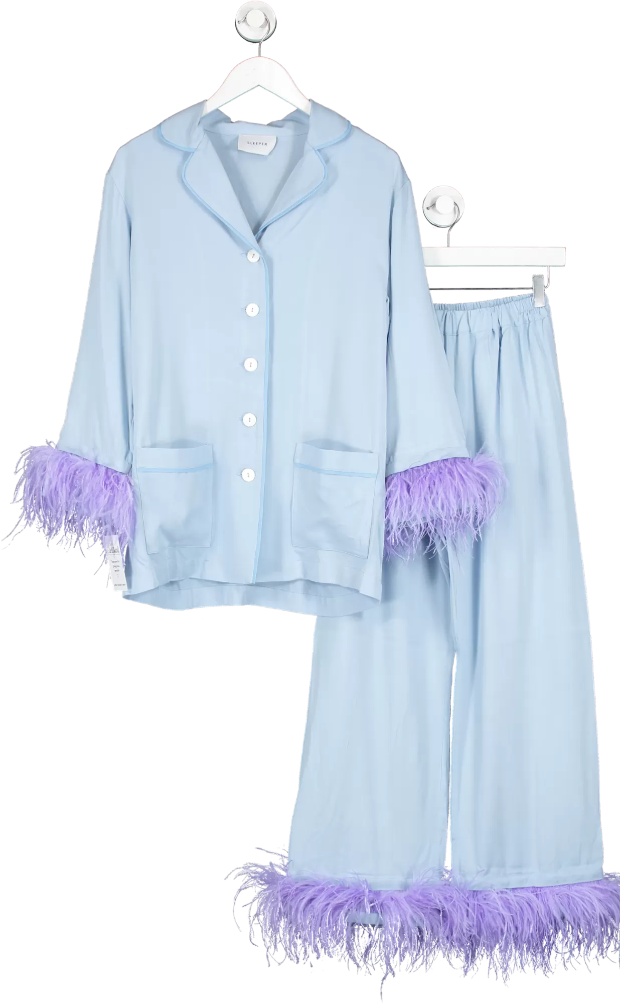 Sleeper Blue Party Feather Trimmed Twill Pyjama Set UK S