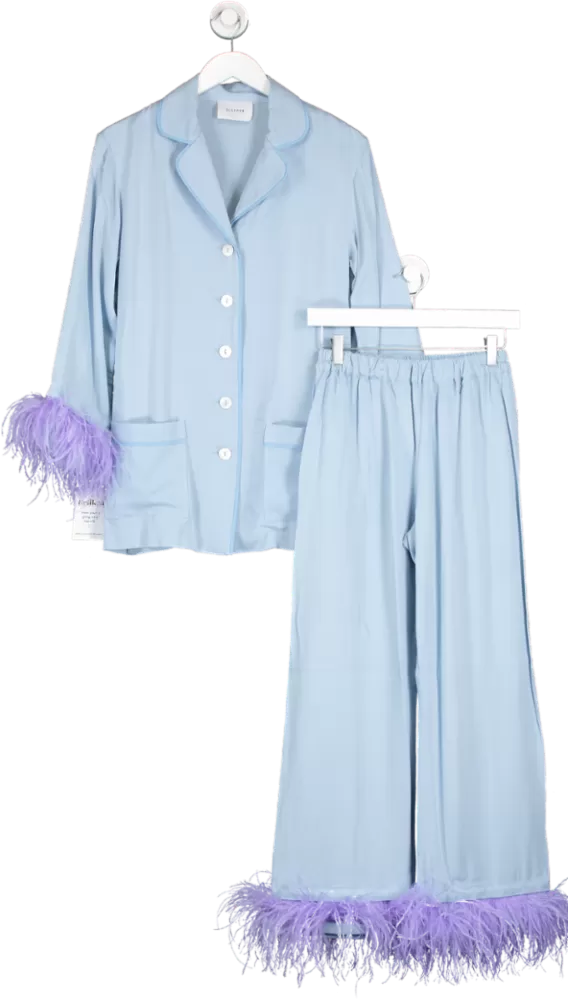 Sleeper Blue Party Feather Trimmed Twill Pyjama Set UK S