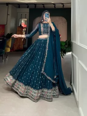 Teal Blue Georgette Embroidered Lehenga Set