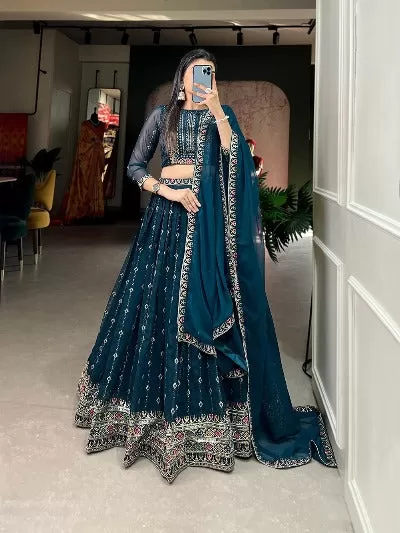 Teal Blue Georgette Embroidered Lehenga Set