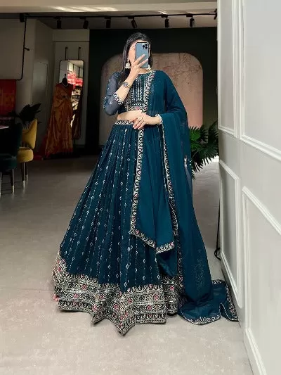 Teal Blue Georgette Embroidered Lehenga Set