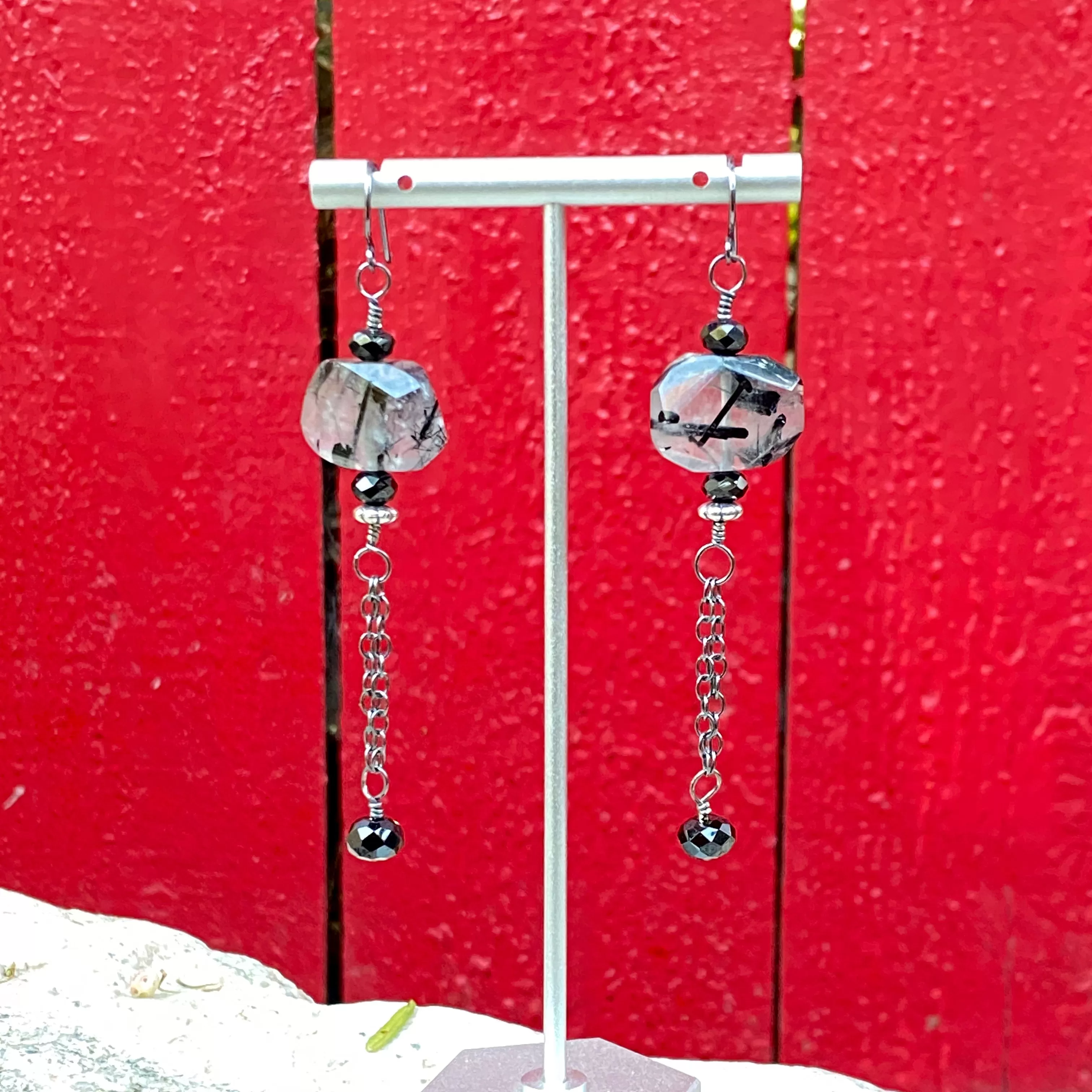 Tourmalinated Quartz, Black Spinel, and Oxidized Sterling Silver Long Dangle Earrings