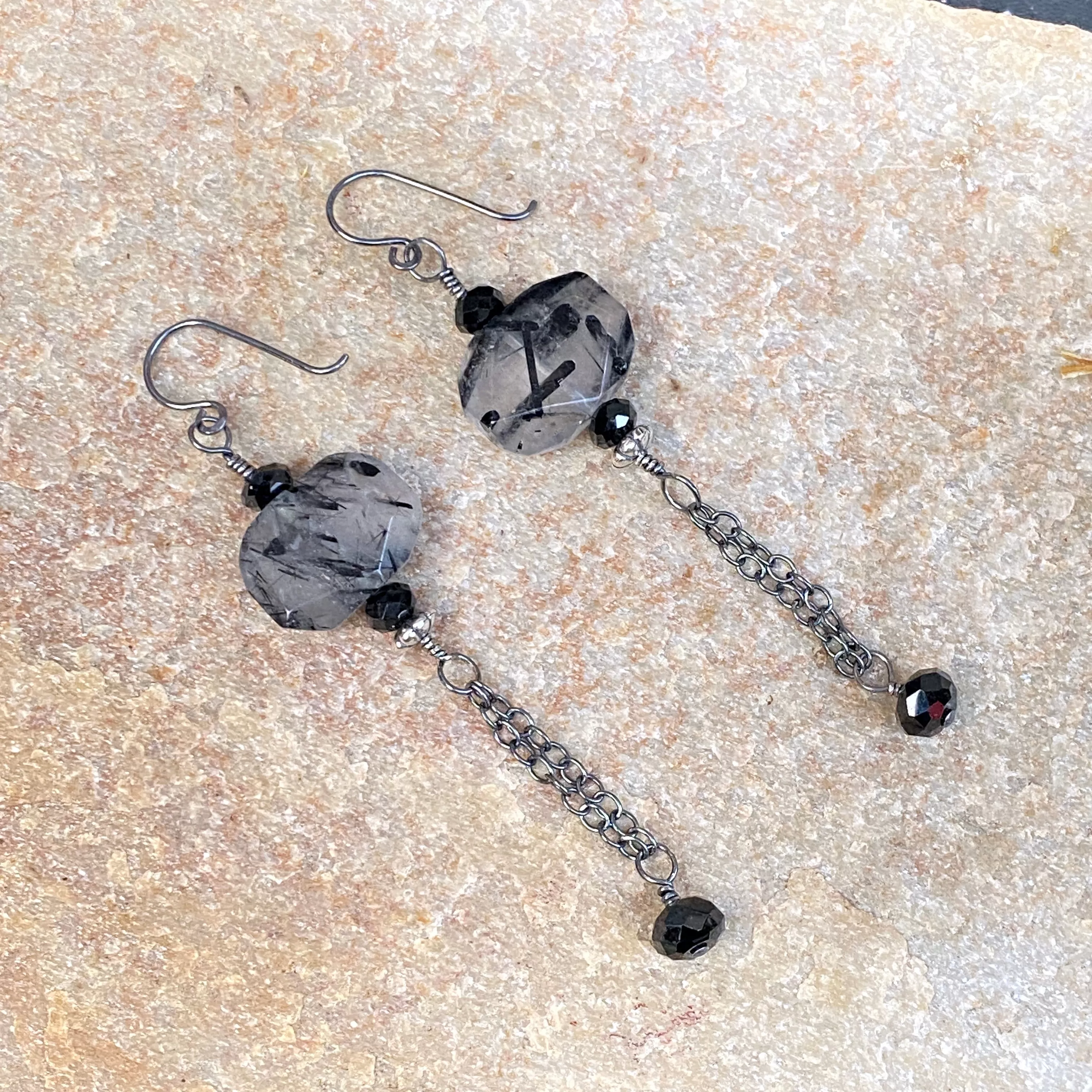 Tourmalinated Quartz, Black Spinel, and Oxidized Sterling Silver Long Dangle Earrings