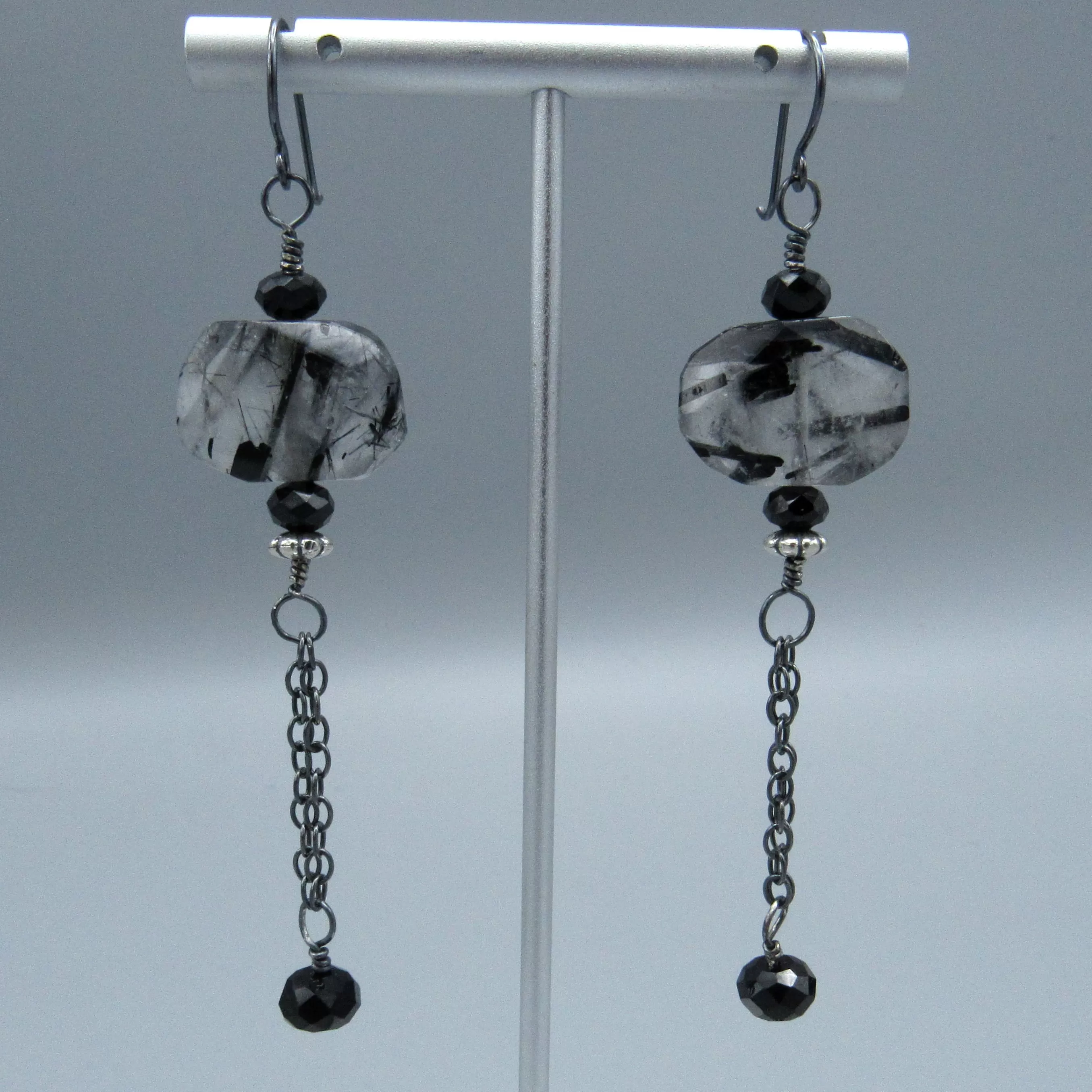 Tourmalinated Quartz, Black Spinel, and Oxidized Sterling Silver Long Dangle Earrings