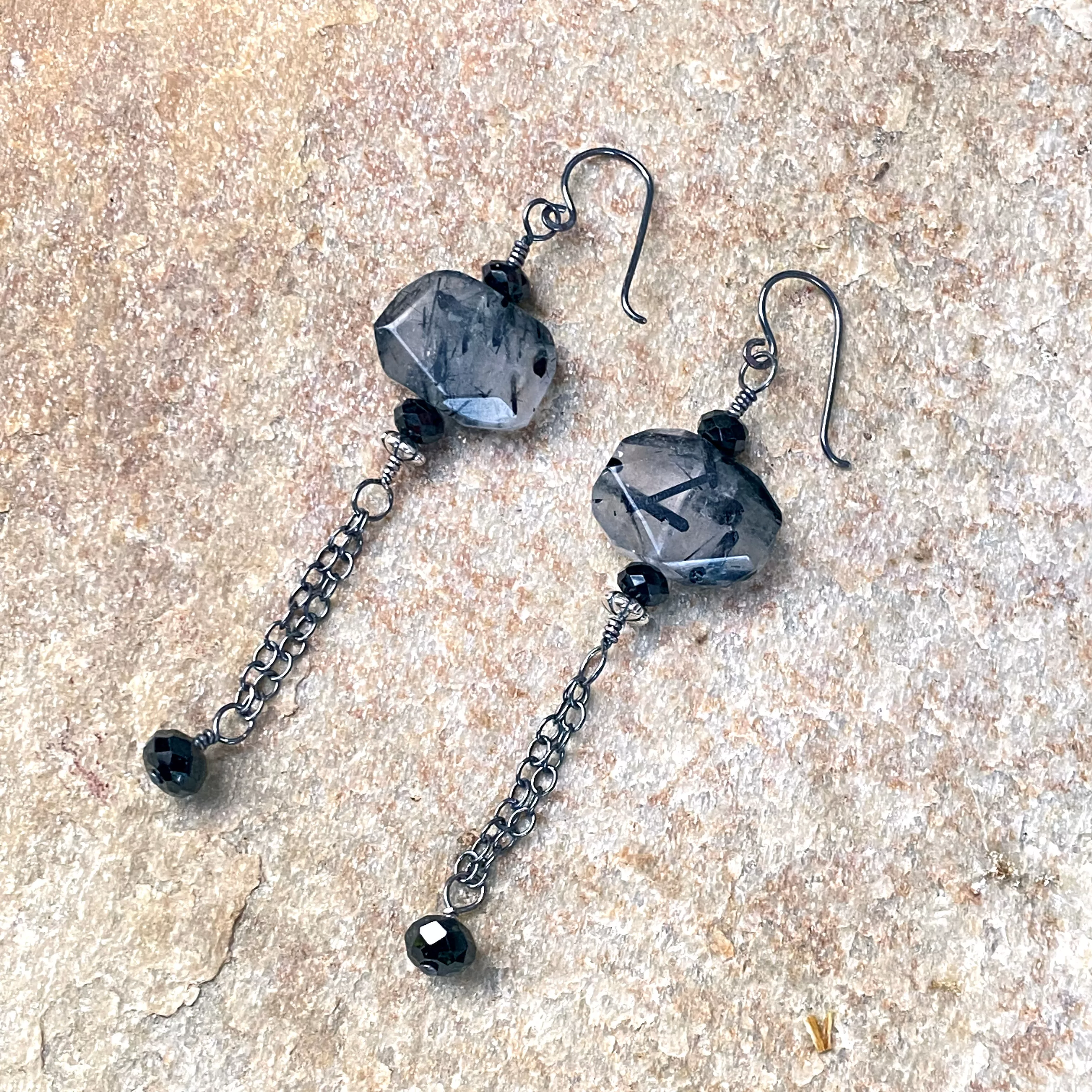 Tourmalinated Quartz, Black Spinel, and Oxidized Sterling Silver Long Dangle Earrings