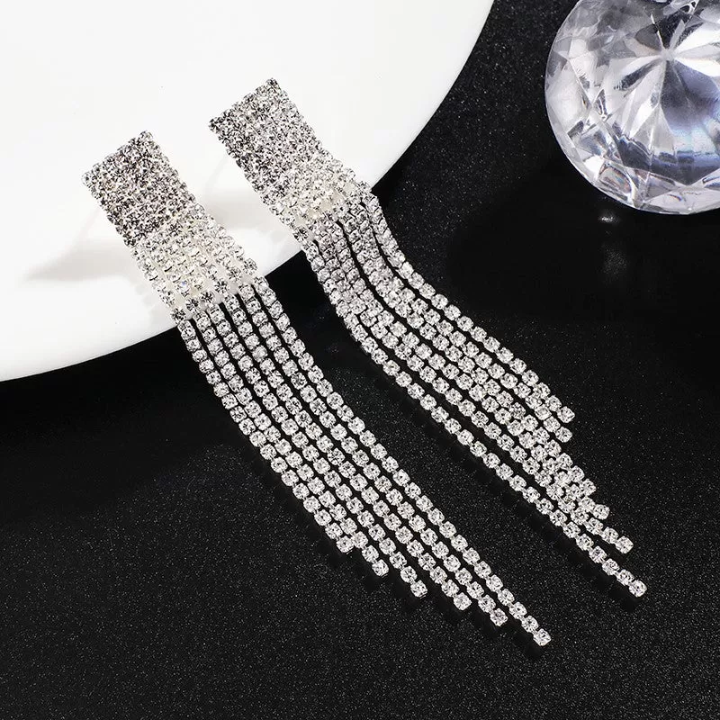 Trendy Silver Crystals Long tassel dangle Earrings