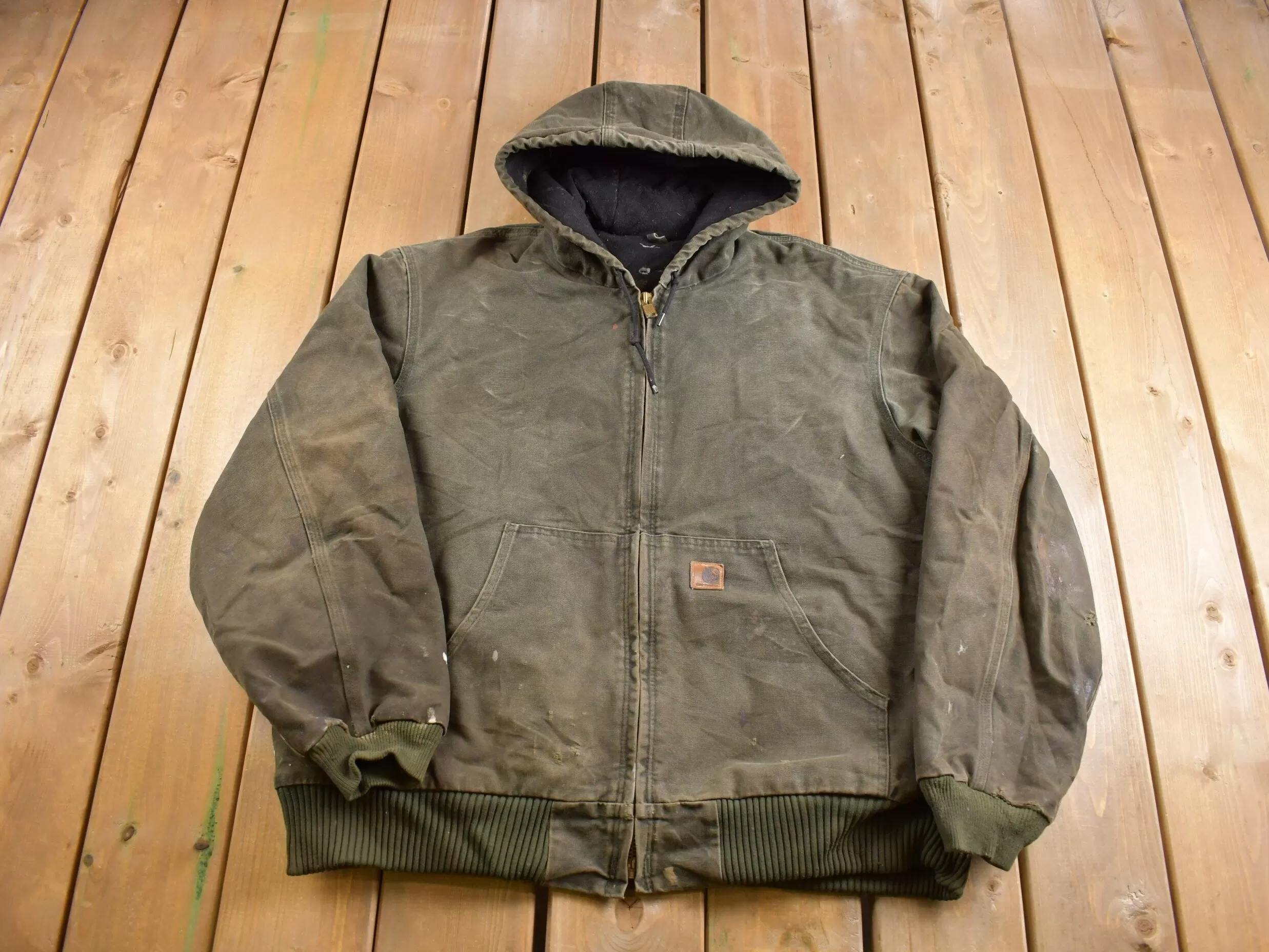 Vintage 1990s Carhartt Green Hooded Cinched Active Jac Work Jacket / Workwear / Distressed