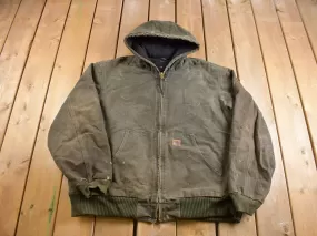 Vintage 1990s Carhartt Green Hooded Cinched Active Jac Work Jacket / Workwear / Distressed