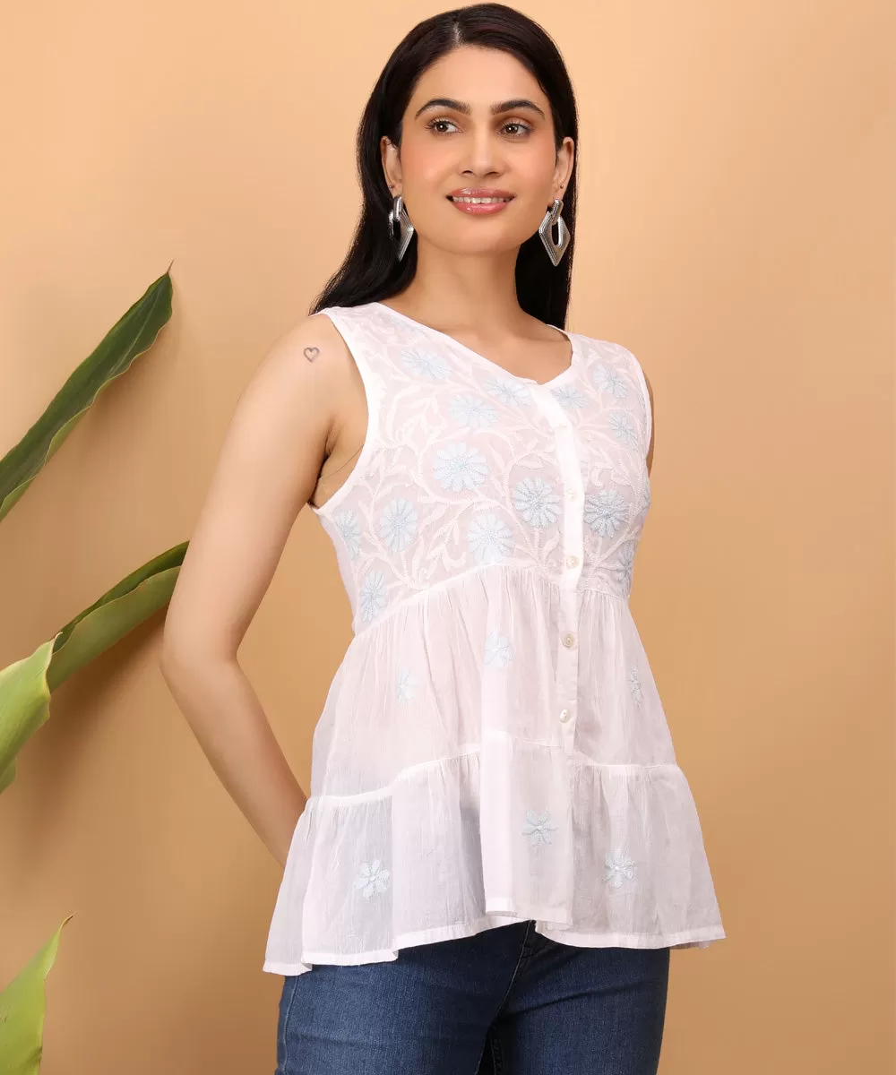 White handembroidered cotton chikankari tier top