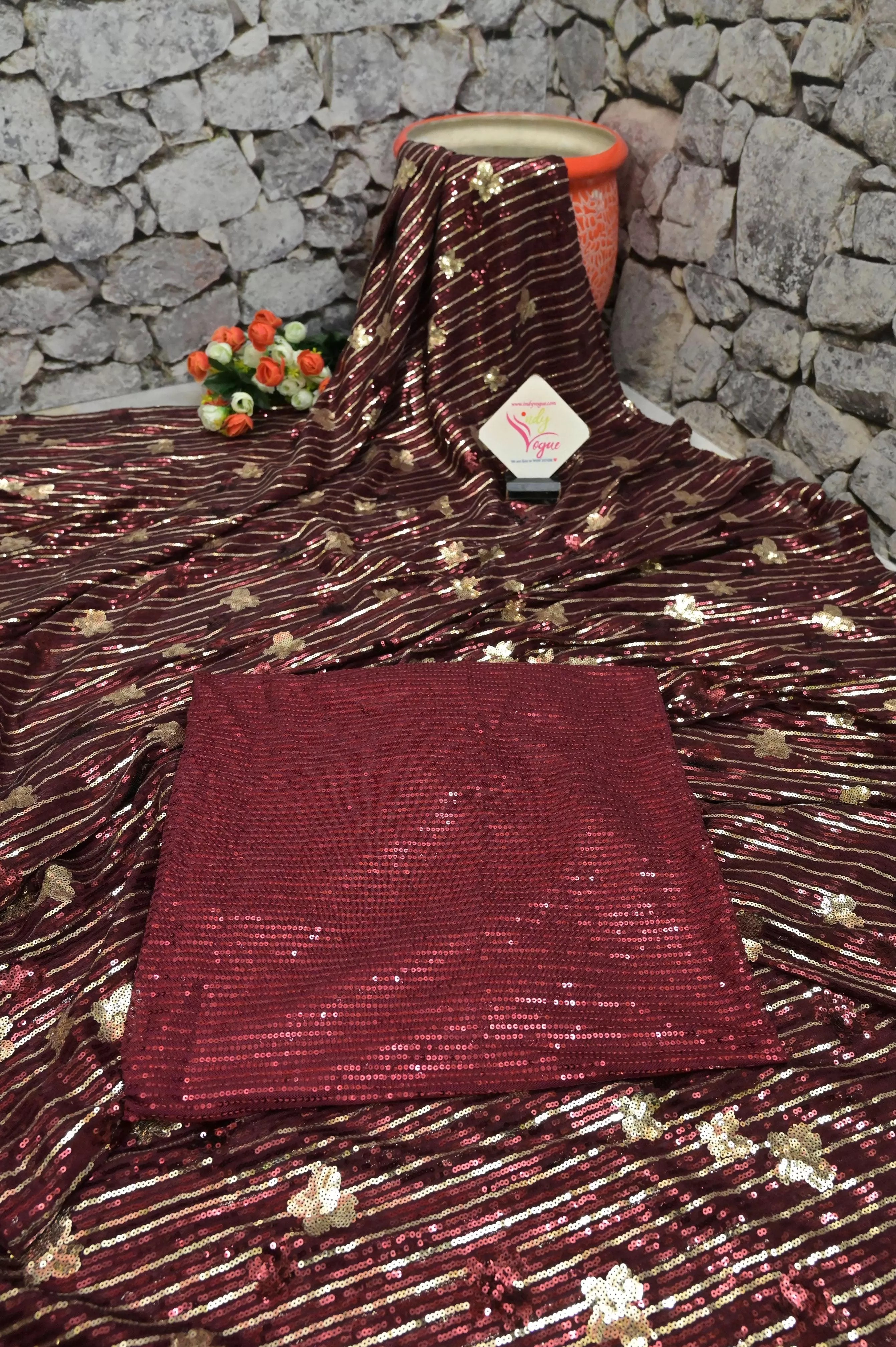 Wine Color Designer Net Saree with Sequin Work