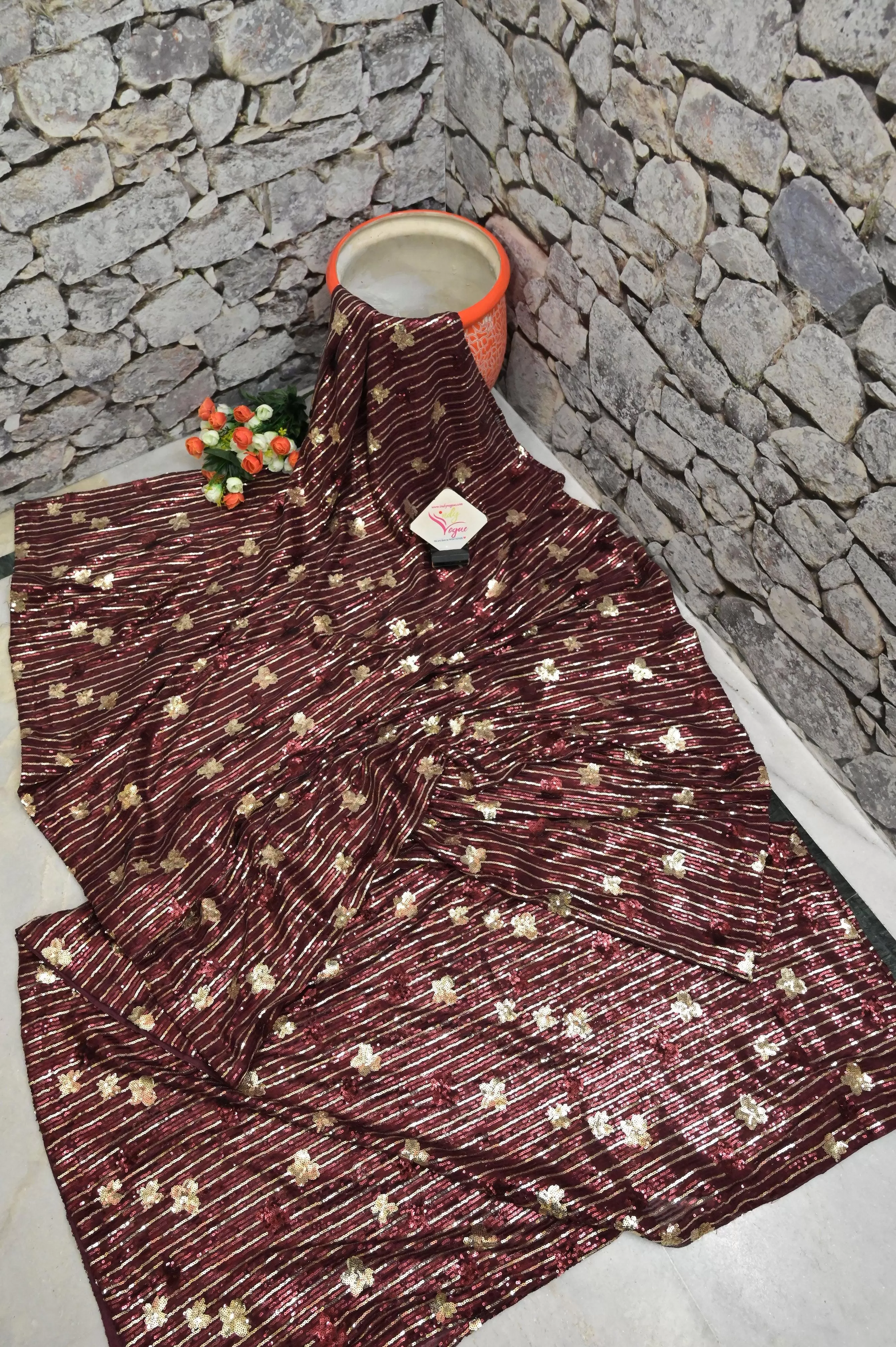 Wine Color Designer Net Saree with Sequin Work