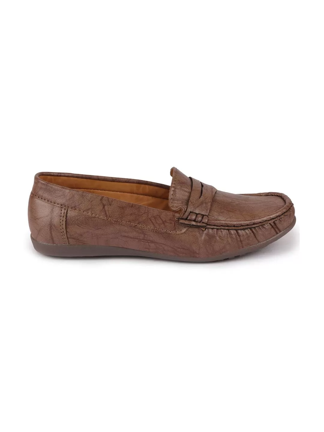 Women Brown Stitched Slip On Loafers