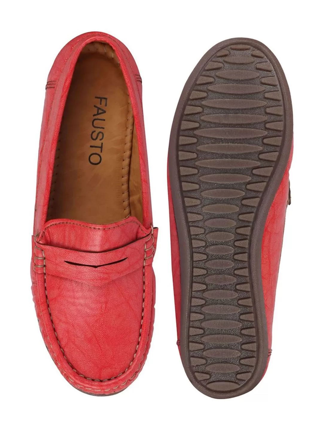 Women Red Stitched Slip On Loafers