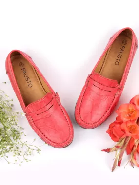 Women Red Stitched Slip On Loafers