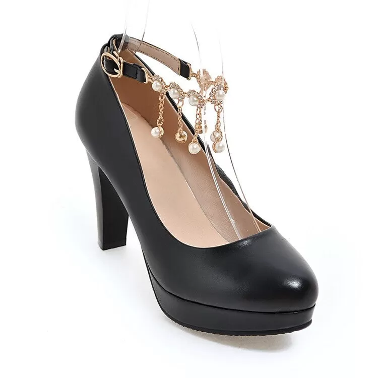 Women's Ankle Straps Pearl Chain Platform Chunky High Heels Shoes 6459