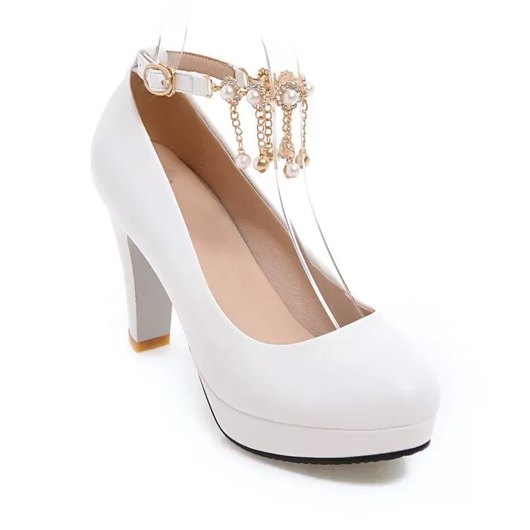 Women's Ankle Straps Pearl Chain Platform Chunky High Heels Shoes 6459