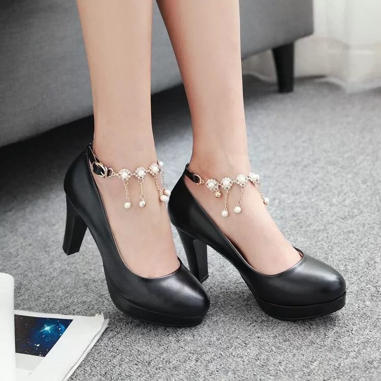 Women's Ankle Straps Pearl Chain Platform Chunky High Heels Shoes 6459