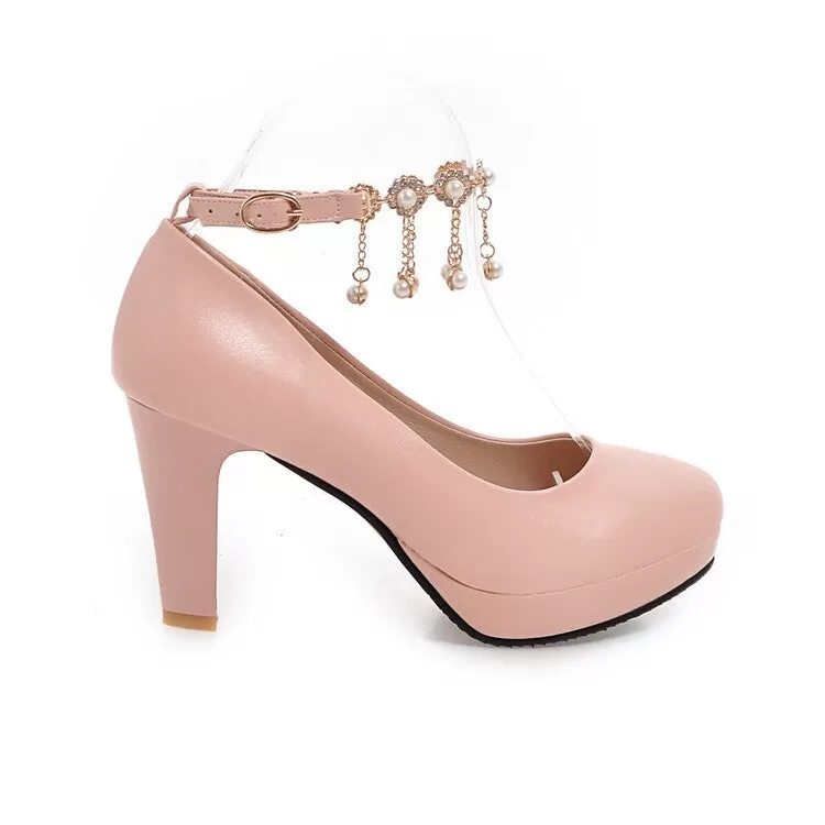 Women's Ankle Straps Pearl Chain Platform Chunky High Heels Shoes 6459