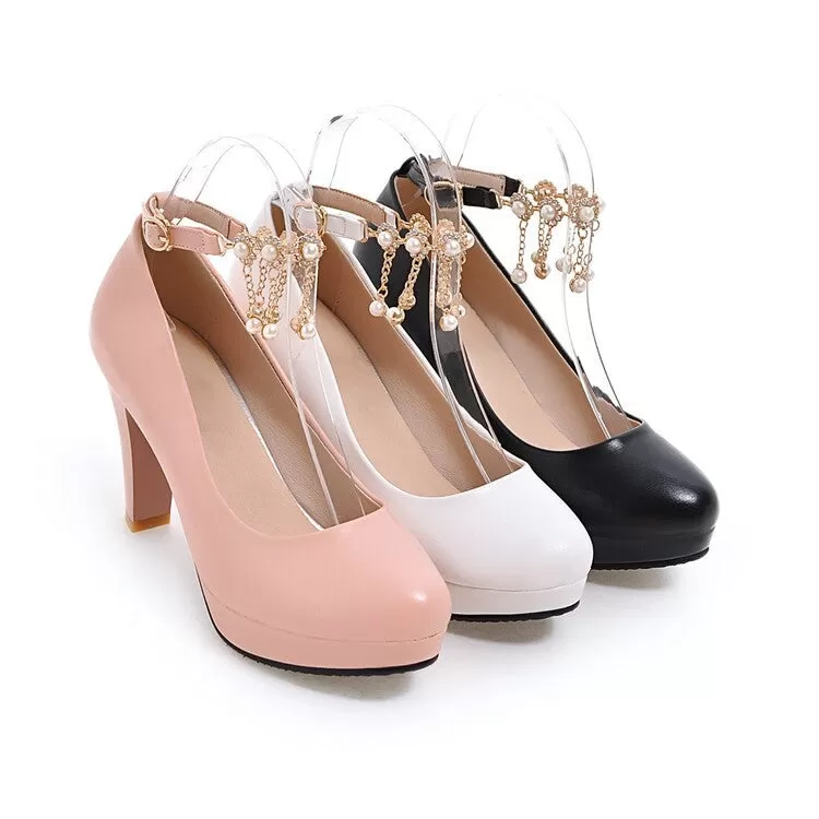 Women's Ankle Straps Pearl Chain Platform Chunky High Heels Shoes 6459